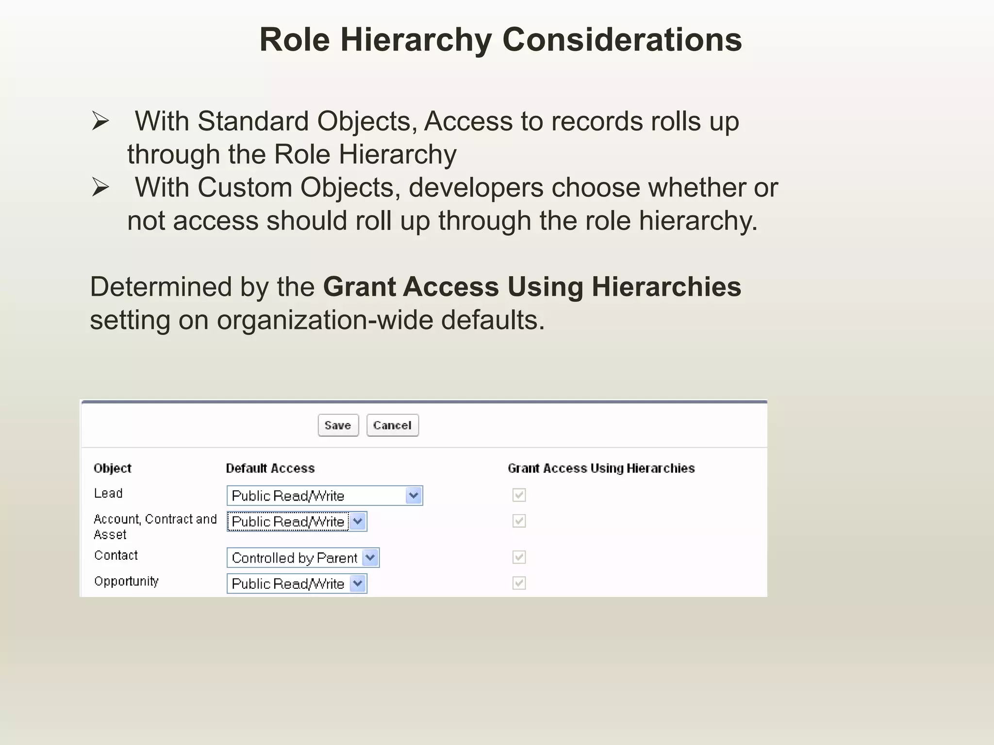  With Standard Objects, Access to records rolls up
through the Role Hierarchy
 With Custom Objects, developers choose whether or
not access should roll up through the role hierarchy.
Determined by the Grant Access Using Hierarchies
setting on organization-wide defaults.
Role Hierarchy Considerations
 
