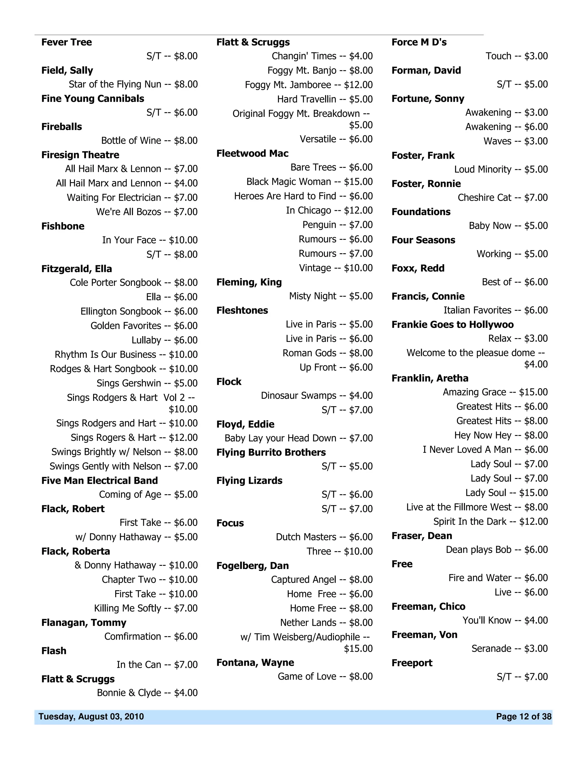 Fever Tree                                 Flatt & Scruggs                           Force M D's
                           S/T -- $8.00                Changin' Times -- $4.00                             Touch -- $3.00
Field, Sally                                           Foggy Mt. Banjo -- $8.00      Forman, David
       Star of the Flying Nun -- $8.00             Foggy Mt. Jamboree -- $12.00                               S/T -- $5.00
Fine Young Cannibals                                      Hard Travellin -- $5.00    Fortune, Sonny
                           S/T -- $6.00       Original Foggy Mt. Breakdown --                         Awakening -- $3.00
Fireballs                                                                 $5.00                       Awakening -- $6.00
                Bottle of Wine -- $8.00                      Versatile -- $6.00                            Waves -- $3.00
Firesign Theatre                           Fleetwood Mac                             Foster, Frank
     All Hail Marx & Lennon -- $7.00                         Bare Trees -- $6.00                  Loud Minority -- $5.00
    All Hail Marx and Lennon -- $4.00              Black Magic Woman -- $15.00       Foster, Ronnie
        Waiting For Electrician -- $7.00      Heroes Are Hard to Find -- $6.00                    Cheshire Cat -- $7.00
              We're All Bozos -- $7.00                   In Chicago -- $12.00        Foundations
Fishbone                                                        Penguin -- $7.00                    Baby Now -- $5.00
                In Your Face -- $10.00                         Rumours -- $6.00      Four Seasons
                           S/T -- $8.00                        Rumours -- $7.00                          Working -- $5.00
Fitzgerald, Ella                                               Vintage -- $10.00     Foxx, Redd
      Cole Porter Songbook -- $8.00        Fleming, King                                                  Best of -- $6.00
                           Ella -- $6.00                     Misty Night -- $5.00    Francis, Connie
           Ellington Songbook -- $6.00     Fleshtones                                           Italian Favorites -- $6.00
             Golden Favorites -- $6.00                      Live in Paris -- $5.00   Frankie Goes to Hollywoo
                       Lullaby -- $6.00                     Live in Paris -- $6.00                       Relax -- $3.00
   Rhythm Is Our Business -- $10.00                         Roman Gods -- $8.00         Welcome to the pleasue dome --
  Rodges & Hart Songbook -- $10.00                             Up Front -- $6.00                                  $4.00
                                           Flock                                     Franklin, Aretha
               Sings Gershwin -- $5.00
                                                      Dinosaur Swamps -- $4.00                  Amazing Grace -- $15.00
       Sings Rodgers & Hart Vol 2 --
                              $10.00                                 S/T -- $7.00                   Greatest Hits -- $6.00
    Sings Rodgers and Hart -- $10.00       Floyd, Eddie                                             Greatest Hits -- $8.00
      Sings Rogers & Hart -- $12.00          Baby Lay your Head Down -- $7.00                      Hey Now Hey -- $8.00
  Swings Brightly w/ Nelson -- $8.00       Flying Burrito Brothers                          I Never Loved A Man -- $6.00
  Swings Gently with Nelson -- $7.00                              S/T -- $5.00                          Lady Soul -- $7.00
Five Man Electrical Band                   Flying Lizards                                               Lady Soul -- $7.00
            Coming of Age -- $5.00                                   S/T -- $6.00                     Lady Soul -- $15.00
Flack, Robert                                                        S/T -- $7.00       Live at the Fillmore West -- $8.00
                    First Take -- $6.00    Focus                                              Spirit In the Dark -- $12.00
          w/ Donny Hathaway -- $5.00                     Dutch Masters -- $6.00      Fraser, Dean
Flack, Roberta                                                   Three -- $10.00                 Dean plays Bob -- $6.00
       & Donny Hathaway -- $10.00          Fogelberg, Dan                            Free
                Chapter Two -- $10.00                 Captured Angel -- $8.00                      Fire and Water -- $6.00
                    First Take -- $10.00                    Home Free -- $6.00                             Live -- $6.00
              Killing Me Softly -- $7.00                    Home Free -- $8.00       Freeman, Chico
Flanagan, Tommy                                           Nether Lands -- $8.00                    You'll Know -- $4.00
            Comfirmation -- $6.00              w/ Tim Weisberg/Audiophile --         Freeman, Von
Flash                                                                $15.00                             Seranade -- $3.00
                    In the Can -- $7.00    Fontana, Wayne                            Freeport
Flatt & Scruggs                                        Game of Love -- $8.00                                  S/T -- $7.00
            Bonnie & Clyde -- $4.00

Tuesday, August 03, 2010                                                                                      Page 12 of 38
 