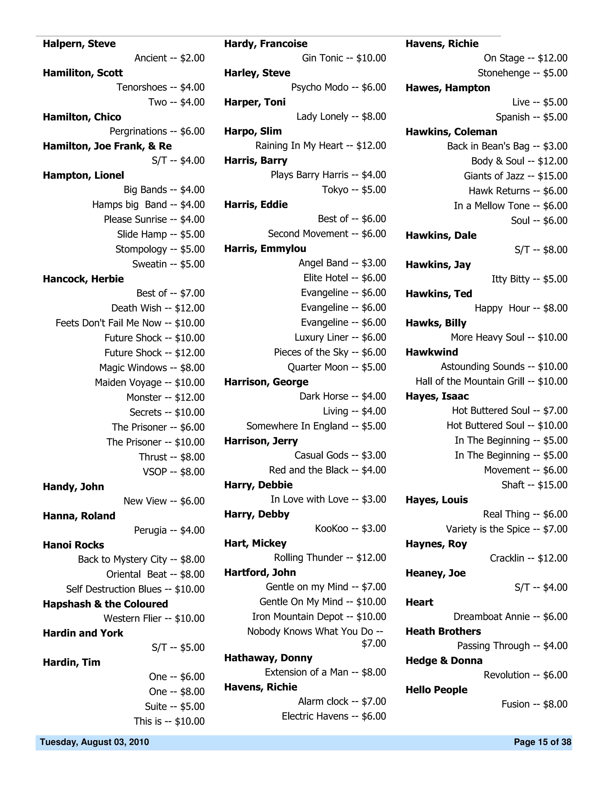 Halpern, Steve                            Hardy, Francoise                         Havens, Richie
                    Ancient -- $2.00                     Gin Tonic -- $10.00                         On Stage -- $12.00
Hamiliton, Scott                          Harley, Steve                                            Stonehenge -- $5.00
              Tenorshoes -- $4.00                         Psycho Modo -- $6.00     Hawes, Hampton
                       Two -- $4.00       Harper, Toni                                                     Live -- $5.00
Hamilton, Chico                                         Lady Lonely -- $8.00                         Spanish -- $5.00
             Pergrinations -- $6.00       Harpo, Slim                              Hawkins, Coleman
Hamilton, Joe Frank, & Re                      Raining In My Heart -- $12.00              Back in Bean's Bag -- $3.00
                     S/T -- $4.00         Harris, Barry                                           Body & Soul -- $12.00
Hampton, Lionel                                     Plays Barry Harris -- $4.00                 Giants of Jazz -- $15.00
               Big Bands -- $4.00                               Tokyo -- $5.00                    Hawk Returns -- $6.00
           Hamps big Band -- $4.00        Harris, Eddie                                       In a Mellow Tone -- $6.00
             Please Sunrise -- $4.00                           Best of -- $6.00                            Soul -- $6.00
                 Slide Hamp -- $5.00                Second Movement -- $6.00       Hawkins, Dale
                Stompology -- $5.00       Harris, Emmylou                                                   S/T -- $8.00
                    Sweatin -- $5.00                    Angel Band -- $3.00        Hawkins, Jay
Hancock, Herbie                                             Elite Hotel -- $6.00                      Itty Bitty -- $5.00
                     Best of -- $7.00                       Evangeline -- $6.00    Hawkins, Ted
               Death Wish -- $12.00                         Evangeline -- $6.00                    Happy Hour -- $8.00
   Feets Don't Fail Me Now -- $10.00                        Evangeline -- $6.00    Hawks, Billy
              Future Shock -- $10.00                      Luxury Liner -- $6.00            More Heavy Soul -- $10.00
              Future Shock -- $12.00                 Pieces of the Sky -- $6.00    Hawkwind
             Magic Windows -- $8.00                   Quarter Moon -- $5.00               Astounding Sounds -- $10.00
            Maiden Voyage -- $10.00       Harrison, George                          Hall of the Mountain Grill -- $10.00
                   Monster -- $12.00                     Dark Horse -- $4.00       Hayes, Isaac
                   Secrets -- $10.00                             Living -- $4.00            Hot Buttered Soul -- $7.00
               The Prisoner -- $6.00           Somewhere In England -- $5.00                Hot Buttered Soul -- $10.00
              The Prisoner -- $10.00      Harrison, Jerry                                     In The Beginning -- $5.00
                     Thrust -- $8.00                    Casual Gods -- $3.00                  In The Beginning -- $5.00
                      VSOP -- $8.00                Red and the Black -- $4.00                       Movement -- $6.00
Handy, John                               Harry, Debbie                                                  Shaft -- $15.00
                  New View -- $6.00                In Love with Love -- $3.00      Hayes, Louis
Hanna, Roland                             Harry, Debby                                               Real Thing -- $6.00
                  Perugia -- $4.00                             KooKoo -- $3.00            Variety is the Spice -- $7.00
Hanoi Rocks                               Hart, Mickey                             Haynes, Roy
      Back to Mystery City -- $8.00                 Rolling Thunder -- $12.00                        Cracklin -- $12.00
              Oriental Beat -- $8.00      Hartford, John                           Heaney, Joe
     Self Destruction Blues -- $10.00             Gentle on my Mind -- $7.00                                S/T -- $4.00
Hapshash & the Coloured                           Gentle On My Mind -- $10.00      Heart
           Western Flier -- $10.00             Iron Mountain Depot -- $10.00                Dreamboat Annie -- $6.00
Hardin and York                               Nobody Knows What You Do --          Heath Brothers
                      S/T -- $5.00                                      $7.00                Passing Through -- $4.00
Hardin, Tim                               Hathaway, Donny                          Hedge & Donna
                           One -- $6.00           Extension of a Man -- $8.00                        Revolution -- $6.00
                           One -- $8.00   Havens, Richie                           Hello People
                                                           Alarm clock -- $7.00                          Fusion -- $8.00
                      Suite -- $5.00
                                                       Electric Havens -- $6.00
                    This is -- $10.00

Tuesday, August 03, 2010                                                                                   Page 15 of 38
 