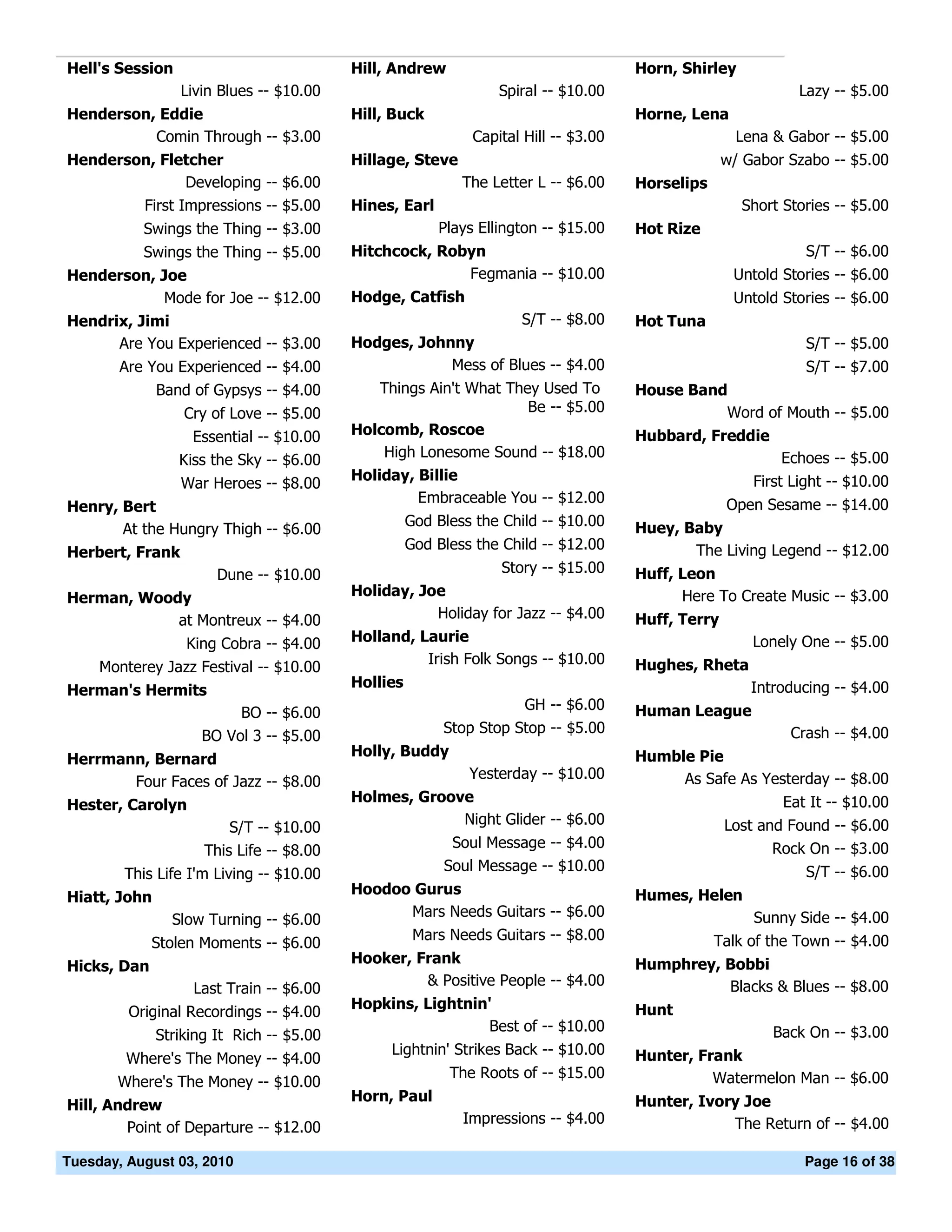 Hell's Session                            Hill, Andrew                               Horn, Shirley
                 Livin Blues -- $10.00                           Spiral -- $10.00                             Lazy -- $5.00
Henderson, Eddie                          Hill, Buck                                 Horne, Lena
          Comin Through -- $3.00                             Capital Hill -- $3.00                   Lena & Gabor -- $5.00
Henderson, Fletcher                       Hillage, Steve                                           w/ Gabor Szabo -- $5.00
               Developing -- $6.00                          The Letter L -- $6.00    Horselips
        First Impressions -- $5.00        Hines, Earl                                                Short Stories -- $5.00
           Swings the Thing -- $3.00                    Plays Ellington -- $15.00    Hot Rize
           Swings the Thing -- $5.00      Hitchcock, Robyn                                                     S/T -- $6.00
Henderson, Joe                                          Fegmania -- $10.00                          Untold Stories -- $6.00
           Mode for Joe -- $12.00         Hodge, Catfish                                            Untold Stories -- $6.00
Hendrix, Jimi                                                   S/T -- $8.00         Hot Tuna
      Are You Experienced -- $3.00        Hodges, Johnny                                                       S/T -- $5.00
        Are You Experienced -- $4.00                  Mess of Blues -- $4.00                                   S/T -- $7.00
              Band of Gypsys -- $4.00         Things Ain't What They Used To         House Band
                  Cry of Love -- $5.00                             Be -- $5.00                 Word of Mouth -- $5.00
                   Essential -- $10.00    Holcomb, Roscoe                            Hubbard, Freddie
                                              High Lonesome Sound -- $18.00                                Echoes -- $5.00
                 Kiss the Sky -- $6.00
                                          Holiday, Billie                                              First Light -- $10.00
                 War Heroes -- $8.00
                                                   Embraceable You -- $12.00                       Open Sesame -- $14.00
Henry, Bert
                                                    God Bless the Child -- $10.00    Huey, Baby
       At the Hungry Thigh -- $6.00
                                                    God Bless the Child -- $12.00           The Living Legend -- $12.00
Herbert, Frank
                       Dune -- $10.00                         Story -- $15.00        Huff, Leon
Herman, Woody                             Holiday, Joe                                     Here To Create Music -- $3.00
            at Montreux -- $4.00                     Holiday for Jazz -- $4.00       Huff, Terry
                  King Cobra -- $4.00     Holland, Laurie                                              Lonely One -- $5.00
                                                    Irish Folk Songs -- $10.00       Hughes, Rheta
     Monterey Jazz Festival -- $10.00
                                          Hollies                                                      Introducing -- $4.00
Herman's Hermits
                                                                    GH -- $6.00      Human League
                         BO -- $6.00
                                                         Stop Stop Stop -- $5.00                            Crash -- $4.00
                    BO Vol 3 -- $5.00
                                          Holly, Buddy                               Humble Pie
Herrmann, Bernard
                                                             Yesterday -- $10.00          As Safe As Yesterday -- $8.00
       Four Faces of Jazz -- $8.00
                                          Holmes, Groove                                                   Eat It -- $10.00
Hester, Carolyn
                                                       Night Glider -- $6.00                       Lost and Found -- $6.00
                         S/T -- $10.00
                                                          Soul Message -- $4.00                           Rock On -- $3.00
                     This Life -- $8.00
                                                         Soul Message -- $10.00                                S/T -- $6.00
        This Life I'm Living -- $10.00
                                          Hoodoo Gurus                               Humes, Helen
Hiatt, John
                                                Mars Needs Guitars -- $6.00                            Sunny Side -- $4.00
                Slow Turning -- $6.00
                                                     Mars Needs Guitars -- $8.00                 Talk of the Town -- $4.00
             Stolen Moments -- $6.00
                                          Hooker, Frank                              Humphrey, Bobbi
Hicks, Dan
                                                   & Positive People -- $4.00                  Blacks & Blues -- $8.00
                   Last Train -- $6.00
                                          Hopkins, Lightnin'                         Hunt
         Original Recordings -- $4.00
                                                           Best of -- $10.00                              Back On -- $3.00
              Striking It Rich -- $5.00
                                               Lightnin' Strikes Back -- $10.00      Hunter, Frank
        Where's The Money -- $4.00
                                                          The Roots of -- $15.00               Watermelon Man -- $6.00
       Where's The Money -- $10.00
                                          Horn, Paul                                 Hunter, Ivory Joe
Hill, Andrew
                                                            Impressions -- $4.00                 The Return of -- $4.00
        Point of Departure -- $12.00

Tuesday, August 03, 2010                                                                                      Page 16 of 38
 