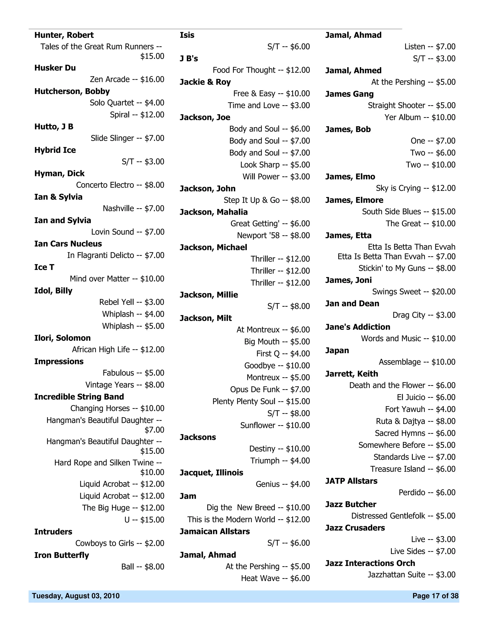 Hunter, Robert                             Isis                                      Jamal, Ahmad
 Tales of the Great Rum Runners --                                   S/T -- $6.00                          Listen -- $7.00
                             $15.00        J B's                                                              S/T -- $3.00
Husker Du                                           Food For Thought -- $12.00       Jamal, Ahmed
               Zen Arcade -- $16.00        Jackie & Roy                                        At the Pershing -- $5.00
Hutcherson, Bobby                                        Free & Easy -- $10.00       James Gang
             Solo Quartet -- $4.00                      Time and Love -- $3.00                Straight Shooter -- $5.00
                       Spiral -- $12.00    Jackson, Joe                                               Yer Album -- $10.00
Hutto, J B                                             Body and Soul -- $6.00        James, Bob
                  Slide Slinger -- $7.00                Body and Soul -- $7.00                               One -- $7.00
Hybrid Ice                                              Body and Soul -- $7.00                               Two -- $6.00
                           S/T -- $3.00                      Look Sharp -- $5.00                            Two -- $10.00
Hyman, Dick                                                   Will Power -- $3.00    James, Elmo
         Concerto Electro -- $8.00         Jackson, John                                           Sky is Crying -- $12.00
Ian & Sylvia                                          Step It Up & Go -- $8.00       James, Elmore
                     Nashville -- $7.00    Jackson, Mahalia                                   South Side Blues -- $15.00
Ian and Sylvia                                        Great Getting' -- $6.00                         The Great -- $10.00
               Lovin Sound -- $7.00                     Newport '58 -- $8.00         James, Etta
Ian Cars Nucleus                           Jackson, Michael                                     Etta Is Betta Than Evvah
        In Flagranti Delicto -- $7.00                           Thriller -- $12.00     Etta Is Betta Than Evvah -- $7.00
Ice T                                                           Thriller -- $12.00           Stickin' to My Guns -- $8.00
          Mind over Matter -- $10.00                                                 James, Joni
                                                                Thriller -- $12.00
Idol, Billy                                                                                     Swings Sweet -- $20.00
                                           Jackson, Millie
                    Rebel Yell -- $3.00                                              Jan and Dean
                                                                     S/T -- $8.00
                     Whiplash -- $4.00                                                               Drag City -- $3.00
                                           Jackson, Milt
                     Whiplash -- $5.00                     At Montreux -- $6.00      Jane's Addiction
Ilori, Solomon                                                 Big Mouth -- $5.00             Words and Music -- $10.00
           African High Life -- $12.00                                               Japan
                                                                  First Q -- $4.00
Impressions                                                                                         Assemblage -- $10.00
                                                               Goodbye -- $10.00
                     Fabulous -- $5.00                                               Jarrett, Keith
                                                               Montreux -- $5.00
                Vintage Years -- $8.00                                                     Death and the Flower -- $6.00
                                                         Opus De Funk -- $7.00
Incredible String Band                                                                                   El Juicio -- $6.00
                                                    Plenty Plenty Soul -- $15.00
         Changing Horses -- $10.00                                                                    Fort Yawuh -- $4.00
                                                                     S/T -- $8.00
   Hangman's Beautiful Daughter --                                                                 Ruta & Dajtya -- $8.00
                                                             Sunflower -- $10.00
                              $7.00                                                              Sacred Hymns -- $6.00
                                           Jacksons
   Hangman's Beautiful Daughter --                                                            Somewhere Before -- $5.00
                             $15.00                             Destiny -- $10.00
                                                                Triumph -- $4.00                   Standards Live -- $7.00
     Hard Rope and Silken Twine --
                             $10.00        Jacquet, Illinois                                     Treasure Island -- $6.00
           Liquid Acrobat -- $12.00                               Genius -- $4.00    JATP Allstars
               Liquid Acrobat -- $12.00    Jam                                                          Perdido -- $6.00
                The Big Huge -- $12.00             Dig the New Breed -- $10.00       Jazz Butcher
                            U -- $15.00      This is the Modern World -- $12.00            Distressed Gentlefolk -- $5.00
Intruders                                  Jamaican Allstars                         Jazz Crusaders
              Cowboys to Girls -- $2.00                              S/T -- $6.00                            Live -- $3.00
Iron Butterfly                             Jamal, Ahmad                                                Live Sides -- $7.00
                           Ball -- $8.00             At the Pershing -- $5.00        Jazz Interactions Orch
                                                          Heat Wave -- $6.00                    Jazzhattan Suite -- $3.00

Tuesday, August 03, 2010                                                                                     Page 17 of 38
 