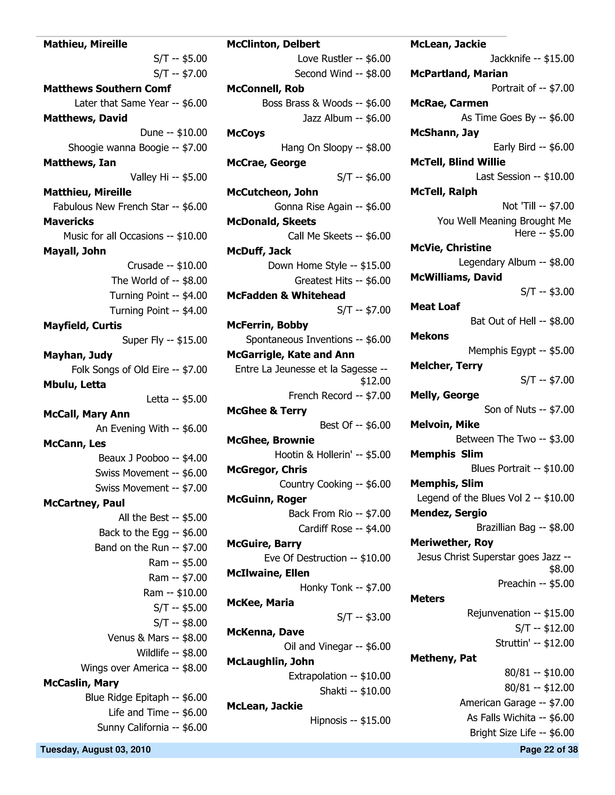 Mathieu, Mireille                         McClinton, Delbert                     McLean, Jackie
                           S/T -- $5.00                Love Rustler -- $6.00                       Jackknife -- $15.00
                           S/T -- $7.00                  Second Wind -- $8.00    McPartland, Marian
Matthews Southern Comf                    McConnell, Rob                                        Portrait of -- $7.00
     Later that Same Year -- $6.00             Boss Brass & Woods -- $6.00       McRae, Carmen
Matthews, David                                            Jazz Album -- $6.00            As Time Goes By -- $6.00
                      Dune -- $10.00      McCoys                                 McShann, Jay
      Shoogie wanna Boogie -- $7.00                  Hang On Sloopy -- $8.00                    Early Bird -- $6.00
Matthews, Ian                             McCrae, George                         McTell, Blind Willie
                    Valley Hi -- $5.00                            S/T -- $6.00                 Last Session -- $10.00
Matthieu, Mireille                        McCutcheon, John                       McTell, Ralph
 Fabulous New French Star -- $6.00                Gonna Rise Again -- $6.00                        Not 'Till -- $7.00
Mavericks                                 McDonald, Skeets                            You Well Meaning Brought Me
   Music for all Occasions -- $10.00                 Call Me Skeets -- $6.00                          Here -- $5.00
Mayall, John                              McDuff, Jack                           McVie, Christine
                    Crusade -- $10.00             Down Home Style -- $15.00               Legendary Album -- $8.00
               The World of -- $8.00                 Greatest Hits -- $6.00      McWilliams, David
               Turning Point -- $4.00     McFadden & Whitehead                                            S/T -- $3.00
               Turning Point -- $4.00                         S/T -- $7.00       Meat Loaf
Mayfield, Curtis                          McFerrin, Bobby                                     Bat Out of Hell -- $8.00
                   Super Fly -- $15.00       Spontaneous Inventions -- $6.00     Mekons
Mayhan, Judy                              McGarrigle, Kate and Ann                           Memphis Egypt -- $5.00
     Folk Songs of Old Eire -- $7.00       Entre La Jeunesse et la Sagesse --    Melcher, Terry
Mbulu, Letta                                                           $12.00                             S/T -- $7.00
                      Letta -- $5.00                   French Record -- $7.00    Melly, George
McCall, Mary Ann                          McGhee & Terry                                          Son of Nuts -- $7.00
          An Evening With -- $6.00                            Best Of -- $6.00   Melvoin, Mike
McCann, Les                               McGhee, Brownie                                 Between The Two -- $3.00
          Beaux J Pooboo -- $4.00                 Hootin & Hollerin' -- $5.00    Memphis Slim
         Swiss Movement -- $6.00          McGregor, Chris                                  Blues Portrait -- $10.00
           Swiss Movement -- $7.00                 Country Cooking -- $6.00      Memphis, Slim
                                          McGuinn, Roger                          Legend of the Blues Vol 2 -- $10.00
McCartney, Paul
              All the Best -- $5.00                  Back From Rio -- $7.00      Mendez, Sergio
                                                         Cardiff Rose -- $4.00               Brazillian Bag -- $8.00
            Back to the Egg -- $6.00
                                          McGuire, Barry                         Meriwether, Roy
           Band on the Run -- $7.00
                                                Eve Of Destruction -- $10.00      Jesus Christ Superstar goes Jazz --
                        Ram -- $5.00
                                          McIlwaine, Ellen                                                      $8.00
                        Ram -- $7.00
                                                        Honky Tonk -- $7.00                         Preachin -- $5.00
                       Ram -- $10.00
                                          McKee, Maria                           Meters
                           S/T -- $5.00
                                                                  S/T -- $3.00               Rejunvenation -- $15.00
                        S/T -- $8.00
                                          McKenna, Dave                                                 S/T -- $12.00
               Venus & Mars -- $8.00
                                                    Oil and Vinegar -- $6.00                        Struttin' -- $12.00
                      Wildlife -- $8.00
                                          McLaughlin, John                       Metheny, Pat
        Wings over America -- $8.00                                                                   80/81 -- $10.00
                                                     Extrapolation -- $10.00
McCaslin, Mary                                                                                        80/81 -- $12.00
                                                              Shakti -- $10.00
        Blue Ridge Epitaph -- $6.00
                                          McLean, Jackie                                   American Garage -- $7.00
              Life and Time -- $6.00
                                                            Hipnosis -- $15.00              As Falls Wichita -- $6.00
            Sunny California -- $6.00
                                                                                              Bright Size Life -- $6.00
Tuesday, August 03, 2010                                                                                 Page 22 of 38
 