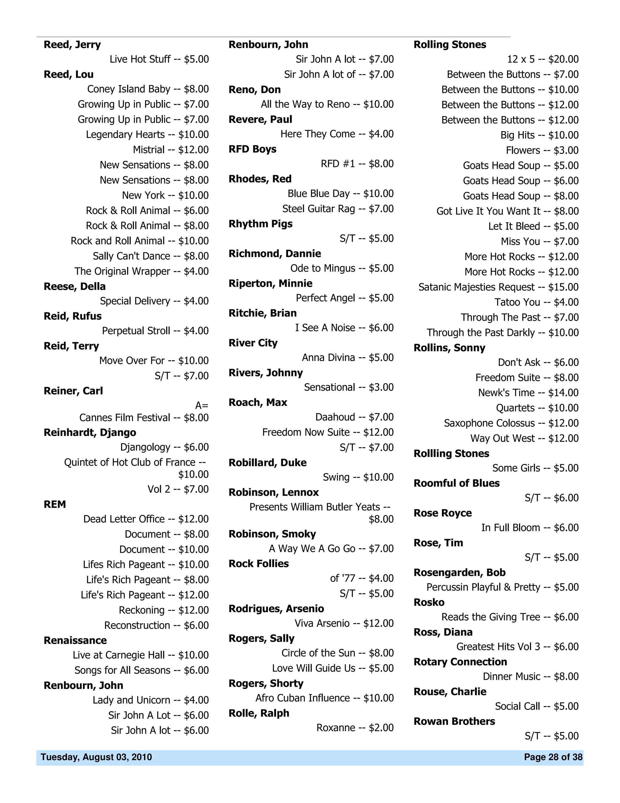Reed, Jerry                               Renbourn, John                            Rolling Stones
                Live Hot Stuff -- $5.00               Sir John A lot -- $7.00                            12 x 5 -- $20.00
Reed, Lou                                              Sir John A lot of -- $7.00          Between the Buttons -- $7.00
        Coney Island Baby -- $8.00        Reno, Don                                       Between the Buttons -- $10.00
        Growing Up in Public -- $7.00           All the Way to Reno -- $10.00             Between the Buttons -- $12.00
        Growing Up in Public -- $7.00     Revere, Paul                                    Between the Buttons -- $12.00
         Legendary Hearts -- $10.00                 Here They Come -- $4.00                           Big Hits -- $10.00
                     Mistrial -- $12.00   RFD Boys                                                       Flowers -- $3.00
              New Sensations -- $8.00                          RFD #1 -- $8.00                 Goats Head Soup -- $5.00
              New Sensations -- $8.00     Rhodes, Red                                          Goats Head Soup -- $6.00
                  New York -- $10.00                Blue Blue Day -- $10.00                    Goats Head Soup -- $8.00
         Rock & Roll Animal -- $6.00               Steel Guitar Rag -- $7.00             Got Live It You Want It -- $8.00
         Rock & Roll Animal -- $8.00      Rhythm Pigs                                                Let It Bleed -- $5.00
      Rock and Roll Animal -- $10.00                            S/T -- $5.00                           Miss You -- $7.00
           Sally Can't Dance -- $8.00     Richmond, Dannie                                      More Hot Rocks -- $12.00
       The Original Wrapper -- $4.00                 Ode to Mingus -- $5.00                     More Hot Rocks -- $12.00
Reese, Della                              Riperton, Minnie                           Satanic Majesties Request -- $15.00
           Special Delivery -- $4.00                   Perfect Angel -- $5.00                         Tatoo You -- $4.00
Reid, Rufus                               Ritchie, Brian                                      Through The Past -- $7.00
              Perpetual Stroll -- $4.00                 I See A Noise -- $6.00        Through the Past Darkly -- $10.00
Reid, Terry                               River City                                Rollins, Sonny
              Move Over For -- $10.00                      Anna Divina -- $5.00                        Don't Ask -- $6.00
                           S/T -- $7.00   Rivers, Johnny                                          Freedom Suite -- $8.00
Reiner, Carl                                               Sensational -- $3.00
                                                                                                   Newk's Time -- $14.00
                                A=        Roach, Max
                                                                                                      Quartets -- $10.00
      Cannes Film Festival -- $8.00                           Daahoud -- $7.00
                                                                                          Saxophone Colossus -- $12.00
Reinhardt, Django                                Freedom Now Suite -- $12.00
                                                                                                 Way Out West -- $12.00
              Djangology -- $6.00                                   S/T -- $7.00
                                                                                    Rollling Stones
     Quintet of Hot Club of France --     Robillard, Duke
                                                                                                      Some Girls -- $5.00
                               $10.00                           Swing -- $10.00
                                                                                    Roomful of Blues
                       Vol 2 -- $7.00     Robinson, Lennox
                                                                                                             S/T -- $6.00
REM                                          Presents William Butler Yeats --
                                                                                    Rose Royce
         Dead Letter Office -- $12.00                                    $8.00
                                                                                                   In Full Bloom -- $6.00
                   Document -- $8.00      Robinson, Smoky
                                                                                    Rose, Tim
                  Document -- $10.00             A Way We A Go Go -- $7.00
                                                                                                             S/T -- $5.00
         Lifes Rich Pageant -- $10.00     Rock Follies
                                                                                    Rosengarden, Bob
         Life's Rich Pageant -- $8.00                          of '77 -- $4.00
                                                                                      Percussin Playful & Pretty -- $5.00
        Life's Rich Pageant -- $12.00                               S/T -- $5.00
                                                                                    Rosko
                  Reckoning -- $12.00     Rodrigues, Arsenio
                                                                                         Reads the Giving Tree -- $6.00
             Reconstruction -- $6.00                    Viva Arsenio -- $12.00
                                                                                    Ross, Diana
Renaissance                               Rogers, Sally
                                                                                            Greatest Hits Vol 3 -- $6.00
     Live at Carnegie Hall -- $10.00                Circle of the Sun -- $8.00
                                                                                    Rotary Connection
       Songs for All Seasons -- $6.00              Love Will Guide Us -- $5.00
                                                                                                Dinner Music -- $8.00
Renbourn, John                            Rogers, Shorty
                                                                                    Rouse, Charlie
        Lady and Unicorn -- $4.00             Afro Cuban Influence -- $10.00
                                                                                                      Social Call -- $5.00
               Sir John A Lot -- $6.00    Rolle, Ralph
                                                                                    Rowan Brothers
               Sir John A lot -- $6.00                        Roxanne -- $2.00
                                                                                                             S/T -- $5.00

Tuesday, August 03, 2010                                                                                     Page 28 of 38
 