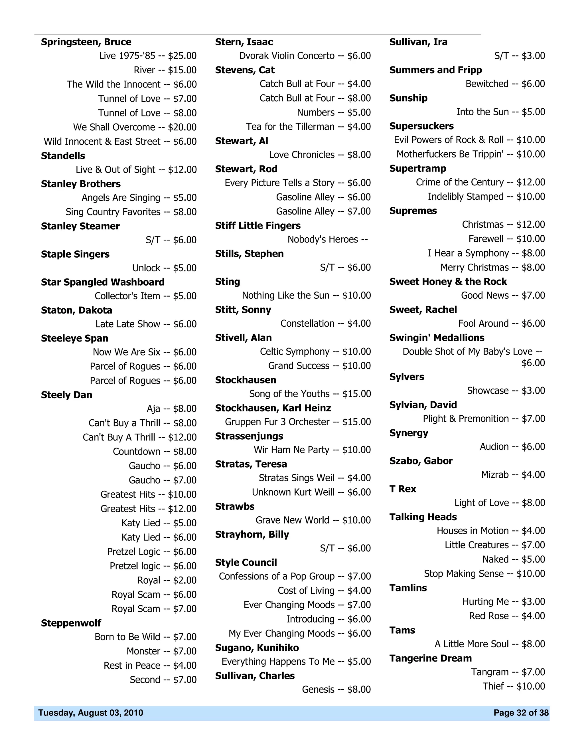 Springsteen, Bruce                        Stern, Isaac                              Sullivan, Ira
           Live 1975-'85 -- $25.00             Dvorak Violin Concerto -- $6.00                               S/T -- $3.00
                       River -- $15.00    Stevens, Cat                              Summers and Fripp
      The Wild the Innocent -- $6.00               Catch Bull at Four -- $4.00                    Bewitched -- $6.00
             Tunnel of Love -- $7.00                  Catch Bull at Four -- $8.00   Sunship
            Tunnel of Love -- $8.00                           Numbers -- $5.00                      Into the Sun -- $5.00
       We Shall Overcome -- $20.00                Tea for the Tillerman -- $4.00    Supersuckers
 Wild Innocent & East Street -- $6.00     Stewart, Al                                Evil Powers of Rock & Roll -- $10.00
Standells                                               Love Chronicles -- $8.00     Motherfuckers Be Trippin' -- $10.00
      Live & Out of Sight -- $12.00       Stewart, Rod                              Supertramp
Stanley Brothers                            Every Picture Tells a Story -- $6.00         Crime of the Century -- $12.00
         Angels Are Singing -- $5.00                      Gasoline Alley -- $6.00         Indelibly Stamped -- $10.00
     Sing Country Favorites -- $8.00                      Gasoline Alley -- $7.00   Supremes
Stanley Steamer                           Stiff Little Fingers                                     Christmas -- $12.00
                           S/T -- $6.00                    Nobody's Heroes --                          Farewell -- $10.00
Staple Singers                            Stills, Stephen                                     I Hear a Symphony -- $8.00
                    Unlock -- $5.00                                 S/T -- $6.00             Merry Christmas -- $8.00
Star Spangled Washboard                   Sting                                     Sweet Honey & the Rock
          Collector's Item -- $5.00               Nothing Like the Sun -- $10.00                 Good News -- $7.00
Staton, Dakota                            Stitt, Sonny                              Sweet, Rachel
           Late Late Show -- $6.00                         Constellation -- $4.00                   Fool Around -- $6.00
Steeleye Span                             Stivell, Alan                             Swingin' Medallions
           Now We Are Six -- $6.00                   Celtic Symphony -- $10.00         Double Shot of My Baby's Love --
          Parcel of Rogues -- $6.00                   Grand Success -- $10.00                                     $6.00
           Parcel of Rogues -- $6.00      Stockhausen                               Sylvers
Steely Dan                                      Song of the Youths -- $15.00                          Showcase -- $3.00
                           Aja -- $8.00   Stockhausen, Karl Heinz                   Sylvian, David
           Can't Buy a Thrill -- $8.00      Gruppen Fur 3 Orchester -- $15.00              Plight & Premonition -- $7.00
          Can't Buy A Thrill -- $12.00    Strassenjungs                             Synergy
                                                  Wir Ham Ne Party -- $10.00                              Audion -- $6.00
                 Countdown -- $8.00
                                          Stratas, Teresa                           Szabo, Gabor
                     Gaucho -- $6.00
                                                    Stratas Sings Weil -- $4.00                           Mizrab -- $4.00
                     Gaucho -- $7.00
                                                    Unknown Kurt Weill -- $6.00     T Rex
              Greatest Hits -- $10.00
                                          Strawbs                                                   Light of Love -- $8.00
              Greatest Hits -- $12.00
                                                     Grave New World -- $10.00      Talking Heads
                  Katy Lied -- $5.00
                                          Strayhorn, Billy                                   Houses in Motion -- $4.00
                   Katy Lied -- $6.00
                                                                    S/T -- $6.00                 Little Creatures -- $7.00
               Pretzel Logic -- $6.00
                                          Style Council                                                   Naked -- $5.00
                 Pretzel logic -- $6.00
                                           Confessions of a Pop Group -- $7.00              Stop Making Sense -- $10.00
                       Royal -- $2.00
                                                         Cost of Living -- $4.00    Tamlins
                 Royal Scam -- $6.00
                                                  Ever Changing Moods -- $7.00                       Hurting Me -- $3.00
                 Royal Scam -- $7.00
                                                            Introducing -- $6.00                       Red Rose -- $4.00
Steppenwolf
                                             My Ever Changing Moods -- $6.00        Tams
         Born to Be Wild -- $7.00
                                          Sugano, Kunihiko                                     A Little More Soul -- $8.00
                     Monster -- $7.00
                                           Everything Happens To Me -- $5.00        Tangerine Dream
               Rest in Peace -- $4.00
                                          Sullivan, Charles                                        Tangram -- $7.00
                     Second -- $7.00
                                                                Genesis -- $8.00                     Thief -- $10.00

Tuesday, August 03, 2010                                                                                     Page 32 of 38
 