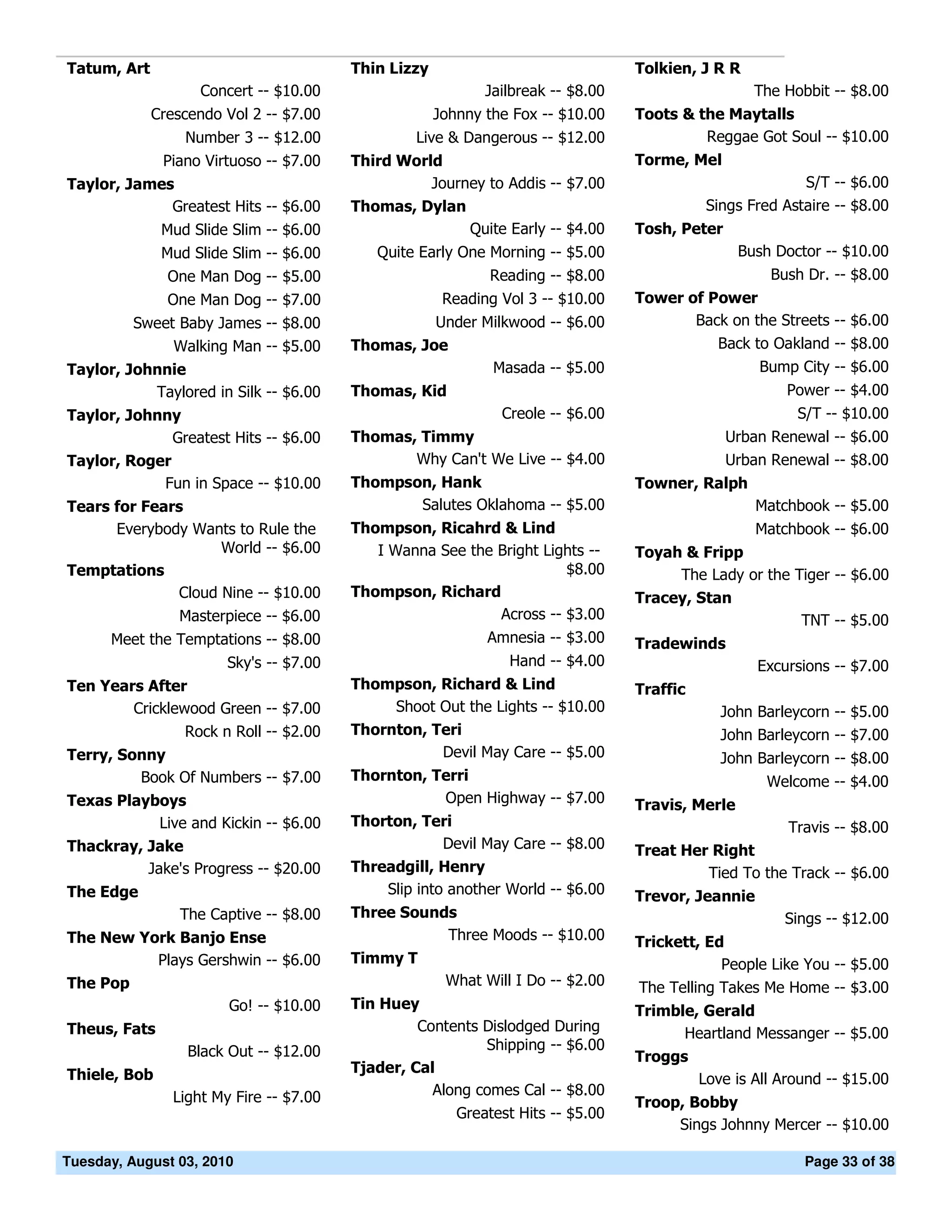 Tatum, Art                               Thin Lizzy                               Tolkien, J R R
                    Concert -- $10.00                        Jailbreak -- $8.00                     The Hobbit -- $8.00
             Crescendo Vol 2 -- $7.00                 Johnny the Fox -- $10.00    Toots & the Maytalls
                 Number 3 -- $12.00               Live & Dangerous -- $12.00               Reggae Got Soul -- $10.00
              Piano Virtuoso -- $7.00    Third World                              Torme, Mel
Taylor, James                                      Journey to Addis -- $7.00                               S/T -- $6.00
             Greatest Hits -- $6.00      Thomas, Dylan                                       Sings Fred Astaire -- $8.00
              Mud Slide Slim -- $6.00                   Quite Early -- $4.00      Tosh, Peter
              Mud Slide Slim -- $6.00       Quite Early One Morning -- $5.00                      Bush Doctor -- $10.00
               One Man Dog -- $5.00                          Reading -- $8.00                         Bush Dr. -- $8.00
               One Man Dog -- $7.00                    Reading Vol 3 -- $10.00    Tower of Power
         Sweet Baby James -- $8.00                 Under Milkwood -- $6.00               Back on the Streets -- $6.00
              Walking Man -- $5.00       Thomas, Joe                                        Back to Oakland -- $8.00
Taylor, Johnnie                                           Masada -- $5.00                            Bump City -- $6.00
           Taylored in Silk -- $6.00     Thomas, Kid                                                    Power -- $4.00
Taylor, Johnny                                                 Creole -- $6.00                            S/T -- $10.00
              Greatest Hits -- $6.00     Thomas, Timmy                                          Urban Renewal -- $6.00
Taylor, Roger                                   Why Can't We Live -- $4.00                      Urban Renewal -- $8.00
            Fun in Space -- $10.00       Thompson, Hank                           Towner, Ralph
Tears for Fears                                 Salutes Oklahoma -- $5.00                           Matchbook -- $5.00
      Everybody Wants to Rule the        Thompson, Ricahrd & Lind                                   Matchbook -- $6.00
                    World -- $6.00          I Wanna See the Bright Lights --      Toyah & Fripp
Temptations                                                           $8.00            The Lady or the Tiger -- $6.00
              Cloud Nine -- $10.00       Thompson, Richard                        Tracey, Stan
                 Masterpiece -- $6.00                       Across -- $3.00                             TNT -- $5.00
      Meet the Temptations -- $8.00                          Amnesia -- $3.00     Tradewinds
                        Sky's -- $7.00                          Hand -- $4.00                       Excursions -- $7.00
Ten Years After                          Thompson, Richard & Lind                 Traffic
        Cricklewood Green -- $7.00            Shoot Out the Lights -- $10.00                   John Barleycorn -- $5.00
                Rock n Roll -- $2.00     Thornton, Teri                                        John Barleycorn -- $7.00
Terry, Sonny                                        Devil May Care -- $5.00                    John Barleycorn -- $8.00
         Book Of Numbers -- $7.00        Thornton, Terri                                              Welcome -- $4.00
Texas Playboys                                      Open Highway -- $7.00         Travis, Merle
            Live and Kickin -- $6.00     Thorton, Teri                                                   Travis -- $8.00
Thackray, Jake                                        Devil May Care -- $8.00     Treat Her Right
          Jake's Progress -- $20.00      Threadgill, Henry                                 Tied To the Track -- $6.00
The Edge                                     Slip into another World -- $6.00     Trevor, Jeannie
                 The Captive -- $8.00    Three Sounds                                                   Sings -- $12.00
The New York Banjo Ense                             Three Moods -- $10.00         Trickett, Ed
          Plays Gershwin -- $6.00        Timmy T                                              People Like You -- $5.00
The Pop                                                What Will I Do -- $2.00    The Telling Takes Me Home -- $3.00
                    Go! -- $10.00        Tin Huey                                 Trimble, Gerald
Theus, Fats                                       Contents Dislodged During             Heartland Messanger -- $5.00
                  Black Out -- $12.00                      Shipping -- $6.00
                                                                                  Troggs
Thiele, Bob                              Tjader, Cal
                                                                                            Love is All Around -- $15.00
                Light My Fire -- $7.00              Along comes Cal -- $8.00
                                                                                  Troop, Bobby
                                                       Greatest Hits -- $5.00
                                                                                       Sings Johnny Mercer -- $10.00

Tuesday, August 03, 2010                                                                                   Page 33 of 38
 