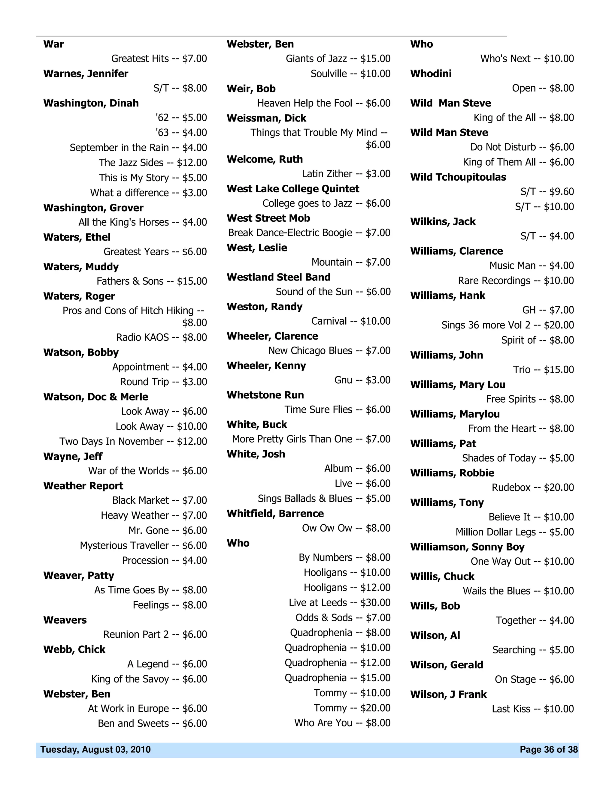 War                                       Webster, Ben                             Who
               Greatest Hits -- $7.00                Giants of Jazz -- $15.00                      Who's Next -- $10.00
Warnes, Jennifer                                             Soulville -- $10.00   Whodini
                           S/T -- $8.00   Weir, Bob                                                        Open -- $8.00
Washington, Dinah                               Heaven Help the Fool -- $6.00      Wild Man Steve
                           '62 -- $5.00   Weissman, Dick                                       King of the All -- $8.00
                           '63 -- $4.00       Things that Trouble My Mind --       Wild Man Steve
      September in the Rain -- $4.00                                     $6.00                Do Not Disturb -- $6.00
            The Jazz Sides -- $12.00      Welcome, Ruth                                         King of Them All -- $6.00
            This is My Story -- $5.00                    Latin Zither -- $3.00     Wild Tchoupitoulas
          What a difference -- $3.00      West Lake College Quintet                                         S/T -- $9.60
Washington, Grover                               College goes to Jazz -- $6.00                             S/T -- $10.00
      All the King's Horses -- $4.00      West Street Mob                          Wilkins, Jack
Waters, Ethel                             Break Dance-Electric Boogie -- $7.00                              S/T -- $4.00
           Greatest Years -- $6.00        West, Leslie                             Williams, Clarence
Waters, Muddy                                                 Mountain -- $7.00                    Music Man -- $4.00
          Fathers & Sons -- $15.00        Westland Steel Band                                Rare Recordings -- $10.00
Waters, Roger                                      Sound of the Sun -- $6.00       Williams, Hank
   Pros and Cons of Hitch Hiking --       Weston, Randy                                                   GH -- $7.00
                              $8.00                       Carnival -- $10.00             Sings 36 more Vol 2 -- $20.00
              Radio KAOS -- $8.00         Wheeler, Clarence                                             Spirit of -- $8.00
Watson, Bobby                                    New Chicago Blues -- $7.00        Williams, John
            Appointment -- $4.00          Wheeler, Kenny                                                   Trio -- $15.00
              Round Trip -- $3.00                                  Gnu -- $3.00    Williams, Mary Lou
Watson, Doc & Merle                       Whetstone Run                                           Free Spirits -- $8.00
              Look Away -- $6.00                    Time Sure Flies -- $6.00       Williams, Marylou
                Look Away -- $10.00       White, Buck                                         From the Heart -- $8.00
    Two Days In November -- $12.00         More Pretty Girls Than One -- $7.00     Williams, Pat
Wayne, Jeff                               White, Josh                                        Shades of Today -- $5.00
        War of the Worlds -- $6.00                               Album -- $6.00    Williams, Robbie
Weather Report                                                     Live -- $6.00                   Rudebox -- $20.00
            Black Market -- $7.00               Sings Ballads & Blues -- $5.00     Williams, Tony
             Heavy Weather -- $7.00       Whitfield, Barrence                                        Believe It -- $10.00
                   Mr. Gone -- $6.00                     Ow Ow Ow -- $8.00                 Million Dollar Legs -- $5.00
        Mysterious Traveller -- $6.00     Who                                      Williamson, Sonny Boy
                 Procession -- $4.00                       By Numbers -- $8.00                 One Way Out -- $10.00
Weaver, Patty                                               Hooligans -- $10.00    Willis, Chuck
         As Time Goes By -- $8.00                           Hooligans -- $12.00               Wails the Blues -- $10.00
                    Feelings -- $8.00                    Live at Leeds -- $30.00   Wills, Bob
Weavers                                                   Odds & Sods -- $7.00                         Together -- $4.00
             Reunion Part 2 -- $6.00                     Quadrophenia -- $8.00     Wilson, Al
Webb, Chick                                           Quadrophenia -- $10.00                          Searching -- $5.00
                   A Legend -- $6.00                  Quadrophenia -- $12.00       Wilson, Gerald
           King of the Savoy -- $6.00                 Quadrophenia -- $15.00                           On Stage -- $6.00
Webster, Ben                                                  Tommy -- $10.00      Wilson, J Frank
        At Work in Europe -- $6.00                           Tommy -- $20.00                          Last Kiss -- $10.00
          Ben and Sweets -- $6.00                         Who Are You -- $8.00

Tuesday, August 03, 2010                                                                                    Page 36 of 38
 