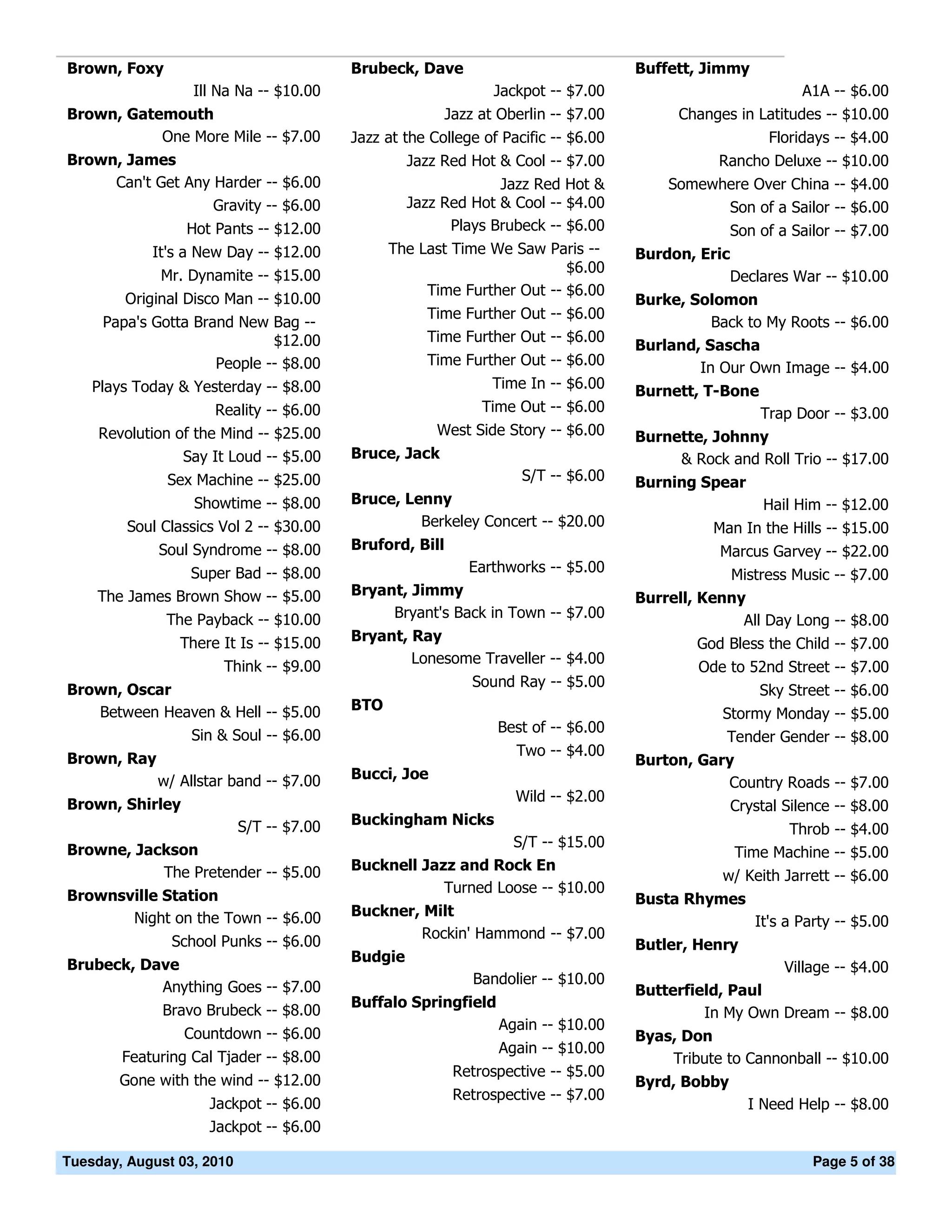 Brown, Foxy                               Brubeck, Dave                              Buffett, Jimmy
                  Ill Na Na -- $10.00                            Jackpot -- $7.00                             A1A -- $6.00
Brown, Gatemouth                                          Jazz at Oberlin -- $7.00         Changes in Latitudes -- $10.00
           One More Mile -- $7.00         Jazz at the College of Pacific -- $6.00                        Floridays -- $4.00
Brown, James                                       Jazz Red Hot & Cool -- $7.00                 Rancho Deluxe -- $10.00
     Can't Get Any Harder -- $6.00                              Jazz Red Hot &           Somewhere Over China -- $4.00
                   Gravity -- $6.00                Jazz Red Hot & Cool -- $4.00                Son of a Sailor -- $6.00
                 Hot Pants -- $12.00                     Plays Brubeck -- $6.00                     Son of a Sailor -- $7.00
            It's a New Day -- $12.00            The Last Time We Saw Paris --        Burdon, Eric
                                                                         $6.00
              Mr. Dynamite -- $15.00                                                                Declares War -- $10.00
                                                     Time Further Out -- $6.00
        Original Disco Man -- $10.00                                                 Burke, Solomon
                                                     Time Further Out -- $6.00
     Papa's Gotta Brand New Bag --                                                             Back to My Roots -- $6.00
                             $12.00                  Time Further Out -- $6.00
                                                                                     Burland, Sascha
                     People -- $8.00                 Time Further Out -- $6.00               In Our Own Image -- $4.00
    Plays Today & Yesterday -- $8.00                             Time In -- $6.00    Burnett, T-Bone
                      Reality -- $6.00                         Time Out -- $6.00                        Trap Door -- $3.00
     Revolution of the Mind -- $25.00                  West Side Story -- $6.00      Burnette, Johnny
                 Say It Loud -- $5.00     Bruce, Jack                                     & Rock and Roll Trio -- $17.00
               Sex Machine -- $25.00                                 S/T -- $6.00    Burning Spear
                   Showtime -- $8.00      Bruce, Lenny                                                   Hail Him -- $12.00
         Soul Classics Vol 2 -- $30.00             Berkeley Concert -- $20.00                  Man In the Hills -- $15.00
             Soul Syndrome -- $8.00       Bruford, Bill                                         Marcus Garvey -- $22.00
                Super Bad -- $8.00                           Earthworks -- $5.00                 Mistress Music -- $7.00
    The James Brown Show -- $5.00         Bryant, Jimmy                              Burrell, Kenny
              The Payback -- $10.00            Bryant's Back in Town -- $7.00                      All Day Long -- $8.00
                There It Is -- $15.00     Bryant, Ray                                        God Bless the Child -- $7.00
                                                  Lonesome Traveller -- $4.00
                       Think -- $9.00                                                        Ode to 52nd Street -- $7.00
                                                              Sound Ray -- $5.00
Brown, Oscar                                                                                            Sky Street -- $6.00
   Between Heaven & Hell -- $5.00         BTO
                                                                                                 Stormy Monday -- $5.00
                                                                 Best of -- $6.00
              Sin & Soul -- $6.00                                                                 Tender Gender -- $8.00
                                                                    Two -- $4.00
Brown, Ray                                                                           Burton, Gary
             w/ Allstar band -- $7.00     Bucci, Joe
                                                                                                Country Roads -- $7.00
                                                                    Wild -- $2.00
Brown, Shirley                                                                                      Crystal Silence -- $8.00
                           S/T -- $7.00   Buckingham Nicks
                                                                                                           Throb -- $4.00
                                                               S/T -- $15.00
Browne, Jackson                                                                                     Time Machine -- $5.00
           The Pretender -- $5.00         Bucknell Jazz and Rock En
                                                                                                 w/ Keith Jarrett -- $6.00
                                                      Turned Loose -- $10.00
Brownsville Station                                                                  Busta Rhymes
       Night on the Town -- $6.00         Buckner, Milt
                                                                                                       It's a Party -- $5.00
                                                  Rockin' Hammond -- $7.00
               School Punks -- $6.00                                                 Butler, Henry
                                          Budgie
Brubeck, Dave                                                                                           Village -- $4.00
                                                              Bandolier -- $10.00
           Anything Goes -- $7.00                                                    Butterfield, Paul
                                          Buffalo Springfield
              Bravo Brubeck -- $8.00                                                          In My Own Dream -- $8.00
                                                                  Again -- $10.00
                 Countdown -- $6.00                                                  Byas, Don
                                                                  Again -- $10.00
        Featuring Cal Tjader -- $8.00                                                    Tribute to Cannonball -- $10.00
                                                           Retrospective -- $5.00
        Gone with the wind -- $12.00                                                 Byrd, Bobby
                                                           Retrospective -- $7.00
                     Jackpot -- $6.00                                                                 I Need Help -- $8.00
                     Jackpot -- $6.00

Tuesday, August 03, 2010                                                                                        Page 5 of 38
 