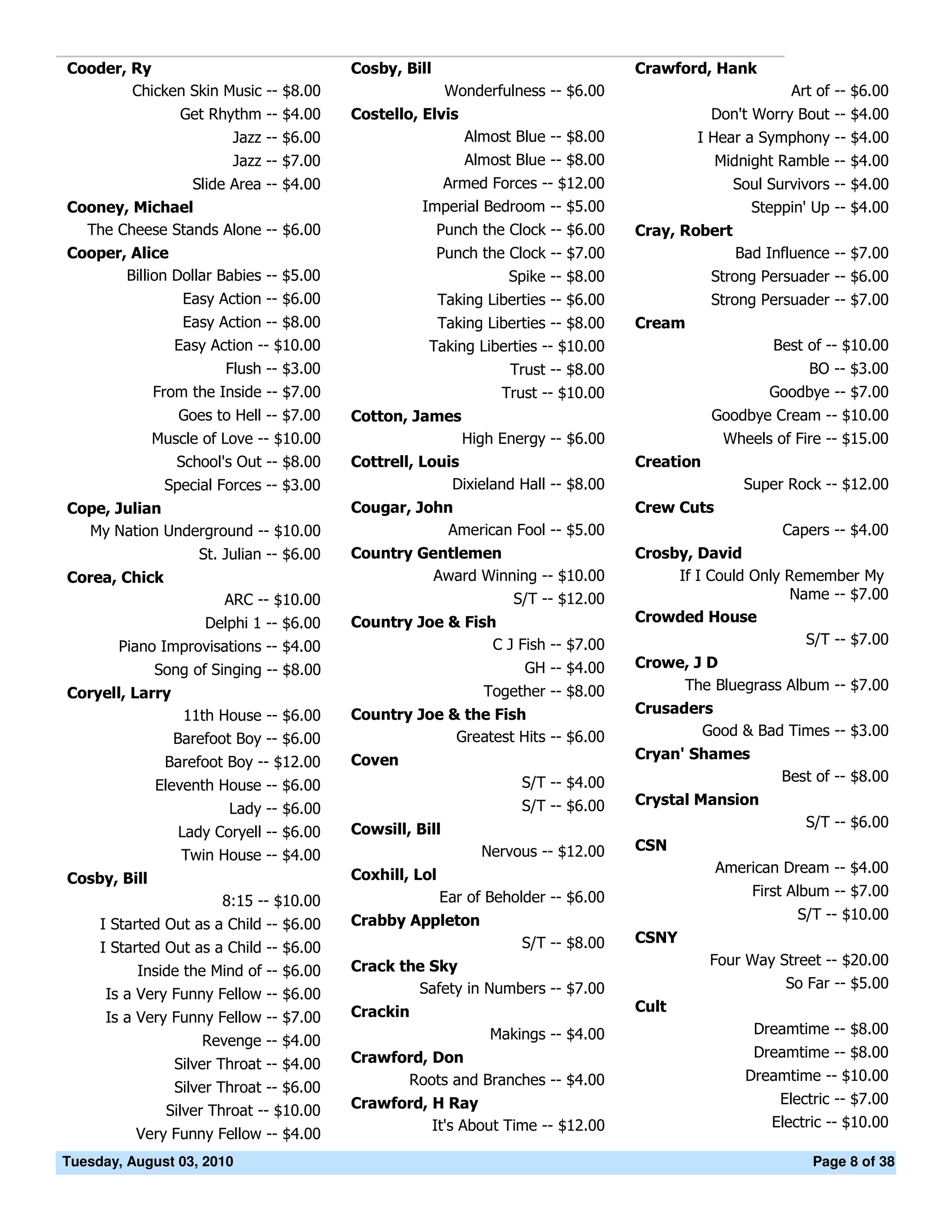 Cooder, Ry                                Cosby, Bill                                Crawford, Hank
        Chicken Skin Music -- $8.00                       Wonderfulness -- $6.00                            Art of -- $6.00
                  Get Rhythm -- $4.00     Costello, Elvis                                       Don't Worry Bout -- $4.00
                         Jazz -- $6.00                       Almost Blue -- $8.00            I Hear a Symphony -- $4.00
                         Jazz -- $7.00                       Almost Blue -- $8.00                Midnight Ramble -- $4.00
                Slide Area -- $4.00                   Armed Forces -- $12.00                        Soul Survivors -- $4.00
Cooney, Michael                                     Imperial Bedroom -- $5.00                         Steppin' Up -- $4.00
  The Cheese Stands Alone -- $6.00                      Punch the Clock -- $6.00     Cray, Robert
Cooper, Alice                                           Punch the Clock -- $7.00                    Bad Influence -- $7.00
       Billion Dollar Babies -- $5.00                              Spike -- $8.00               Strong Persuader -- $6.00
                  Easy Action -- $6.00                   Taking Liberties -- $6.00              Strong Persuader -- $7.00
                  Easy Action -- $8.00                Taking Liberties -- $8.00      Cream
                 Easy Action -- $10.00               Taking Liberties -- $10.00                          Best of -- $10.00
                        Flush -- $3.00                             Trust -- $8.00                              BO -- $3.00
              From the Inside -- $7.00                            Trust -- $10.00                        Goodbye -- $7.00
                 Goes to Hell -- $7.00    Cotton, James                                         Goodbye Cream -- $10.00
              Muscle of Love -- $10.00                      High Energy -- $6.00                  Wheels of Fire -- $15.00
                 School's Out -- $8.00    Cottrell, Louis                            Creation
               Special Forces -- $3.00                  Dixieland Hall -- $8.00                      Super Rock -- $12.00
Cope, Julian                              Cougar, John                               Crew Cuts
  My Nation Underground -- $10.00                     American Fool -- $5.00                               Capers -- $4.00
                    St. Julian -- $6.00   Country Gentlemen                          Crosby, David
Corea, Chick                                        Award Winning -- $10.00               If I Could Only Remember My
                        ARC -- $10.00                         S/T -- $12.00                               Name -- $7.00
                     Delphi 1 -- $6.00    Country Joe & Fish                         Crowded House
       Piano Improvisations -- $4.00                        C J Fish -- $7.00                               S/T -- $7.00
              Song of Singing -- $8.00                                GH -- $4.00    Crowe, J D
                                                               Together -- $8.00          The Bluegrass Album -- $7.00
Coryell, Larry
                  11th House -- $6.00     Country Joe & the Fish                     Crusaders
                                                       Greatest Hits -- $6.00                Good & Bad Times -- $3.00
                 Barefoot Boy -- $6.00
                                          Coven                                      Cryan' Shames
               Barefoot Boy -- $12.00
                                                                     S/T -- $4.00                          Best of -- $8.00
              Eleventh House -- $6.00
                                                                     S/T -- $6.00    Crystal Mansion
                         Lady -- $6.00
                                          Cowsill, Bill                                                       S/T -- $6.00
                 Lady Coryell -- $6.00
                                                               Nervous -- $12.00     CSN
                 Twin House -- $4.00
                                          Coxhill, Lol                                           American Dream -- $4.00
Cosby, Bill
                                                         Ear of Beholder -- $6.00                     First Album -- $7.00
                        8:15 -- $10.00
                                          Crabby Appleton                                                    S/T -- $10.00
     I Started Out as a Child -- $6.00
                                                                     S/T -- $8.00    CSNY
     I Started Out as a Child -- $6.00
                                          Crack the Sky                                         Four Way Street -- $20.00
           Inside the Mind of -- $6.00
                                                  Safety in Numbers -- $7.00                              So Far -- $5.00
      Is a Very Funny Fellow -- $6.00
                                          Crackin                                    Cult
      Is a Very Funny Fellow -- $7.00
                                                                Makings -- $4.00                       Dreamtime -- $8.00
                     Revenge -- $4.00
                                          Crawford, Don                                                Dreamtime -- $8.00
                 Silver Throat -- $4.00
                                                Roots and Branches -- $4.00                          Dreamtime -- $10.00
                 Silver Throat -- $6.00
                                          Crawford, H Ray                                                 Electric -- $7.00
                Silver Throat -- $10.00
                                                    It's About Time -- $12.00                            Electric -- $10.00
          Very Funny Fellow -- $4.00
Tuesday, August 03, 2010                                                                                       Page 8 of 38
 