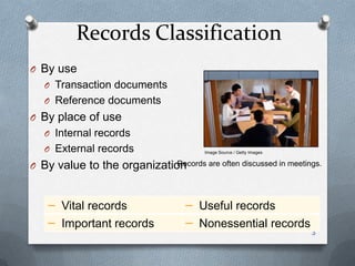 Records Classification
O By use
O Transaction documents
O Reference documents
O By place of use
O Internal records
O External records
O By value to the organization
3
– Vital records – Useful records
– Important records – Nonessential records
Records are often discussed in meetings.
Image Source / Getty Images
 