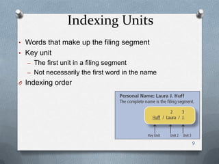 Indexing Units
• Words that make up the filing segment
• Key unit
– The first unit in a filing segment
– Not necessarily the first word in the name
O Indexing order
9
 