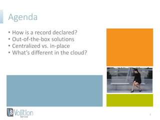 Agenda
• How is a record declared?
• Out-of-the-box solutions
• Centralized vs. in-place
• What’s different in the cloud?
3
 