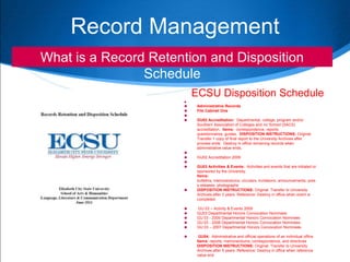 Record Management
What is a Record Retention and Disposition
                Schedule
                          ECSU Disposition Schedule
                      
                          Administrative Records
                          File Cabinet One
                      
                          GU02 Accreditation: Departmental, college, program and/or
                           Southern Association of Colleges and /or School (SACS)
                           accreditation. Items: correspondence, reports
                           questionnaires, guides. DISPOSITION INSTRUCTIONS; Original:
                           Transfer 1 copy of final report to the University Archives after
                           process ends. Destroy in office remaining records when
                           administrative value ends.
                      
                          GU02 Accreditation 2009
                      
                          GU03 Activities & Events: Activities and events that are initiated or
                           sponsored by the University.
                           Items:
                           bulletins, memorandums, circulars, invitations, announcements, pres
                           s releases, photographs
                          DISPOSITION INSTRUCTIONS: Original: Transfer to University
                           Archives after 3 years. Reference: Destroy in office when event is
                           completed.

                          GU 03 – Activity & Events 2009
                          GU03 Departmental Honors Convocation Nominees
                          GU 03 - 2009 Departmental Honors Convocation Nominees
                          GU 03 - 2008 Departmental Honors Convocation Nominees
                          GU 03 – 2007 Departmental Honors Convocation Nominees

                           GU04: Administrative and official operations of an individual office.
                           Items: reports, memorandums, correspondence, and directives
                           DISPOSITION INSTRUCTIONS: Original: Transfer to University
                           Archives after 5 years. Reference: Destroy in office when reference
                           value end
 