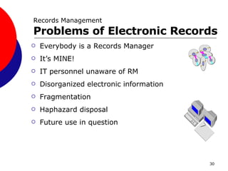 Everybody is a Records Manager  It’s MINE! IT personnel unaware of RM Disorganized electronic information Fragmentation Haphazard disposal Future use in question Records Management  Problems of Electronic Records  