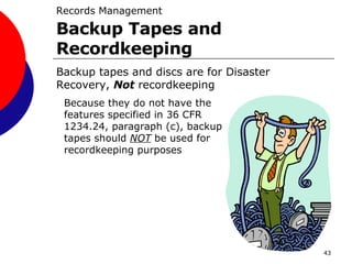 Backup tapes and discs are for Disaster Recovery,  Not  recordkeeping Records Management   Backup Tapes and Recordkeeping Because they do not have the features specified in 36 CFR 1234.24, paragraph (c), backup tapes should  NOT  be used for recordkeeping purposes 