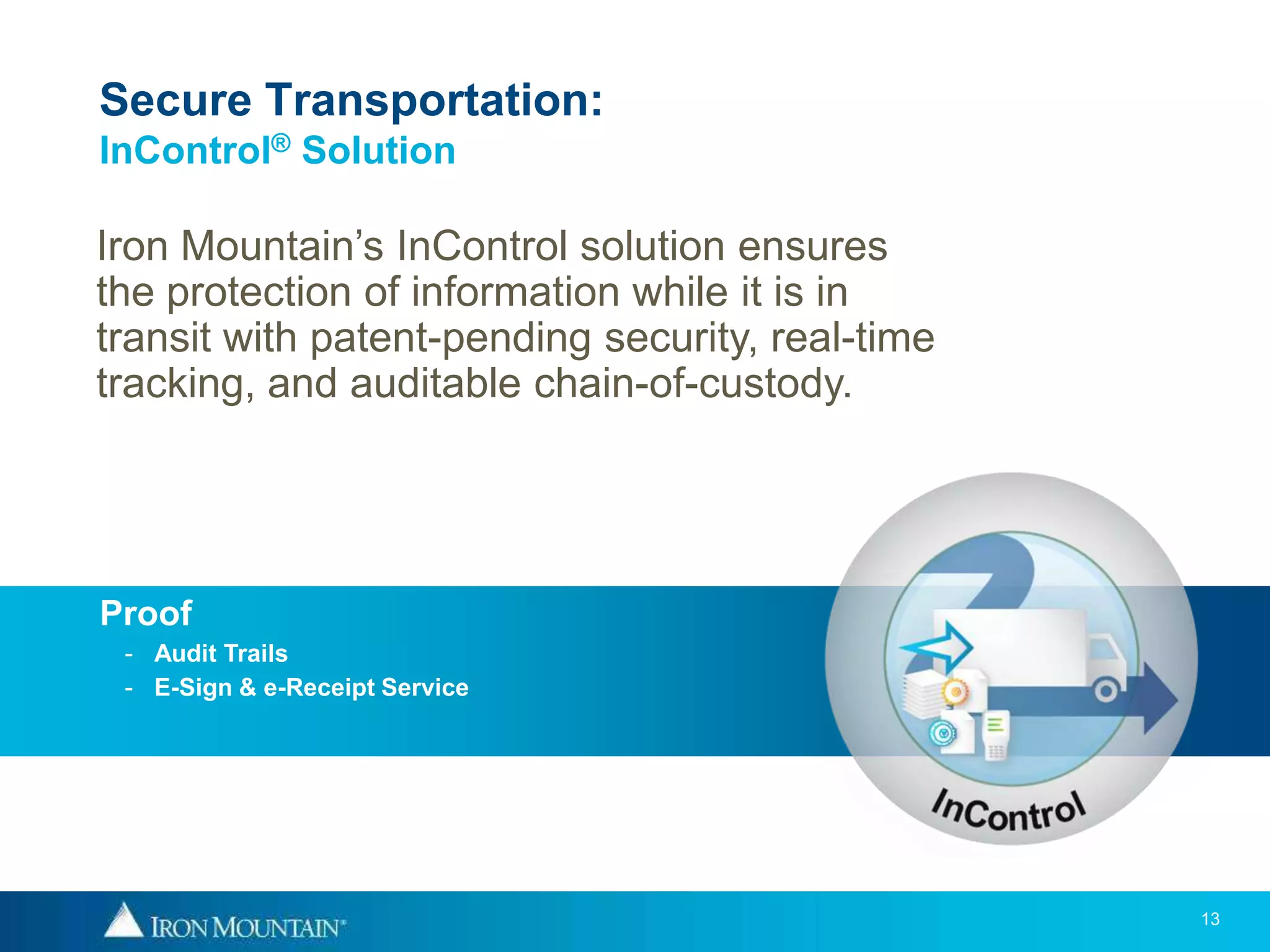 Secure Transportation:
InControl® Solution

Iron Mountain’s InControl solution ensures
the protection of information while it is in
transit with patent-pending security, real-time
tracking, and auditable chain-of-custody.




Proof
 - Audit Trails
 - E-Sign & e-Receipt Service




                                                  13
 