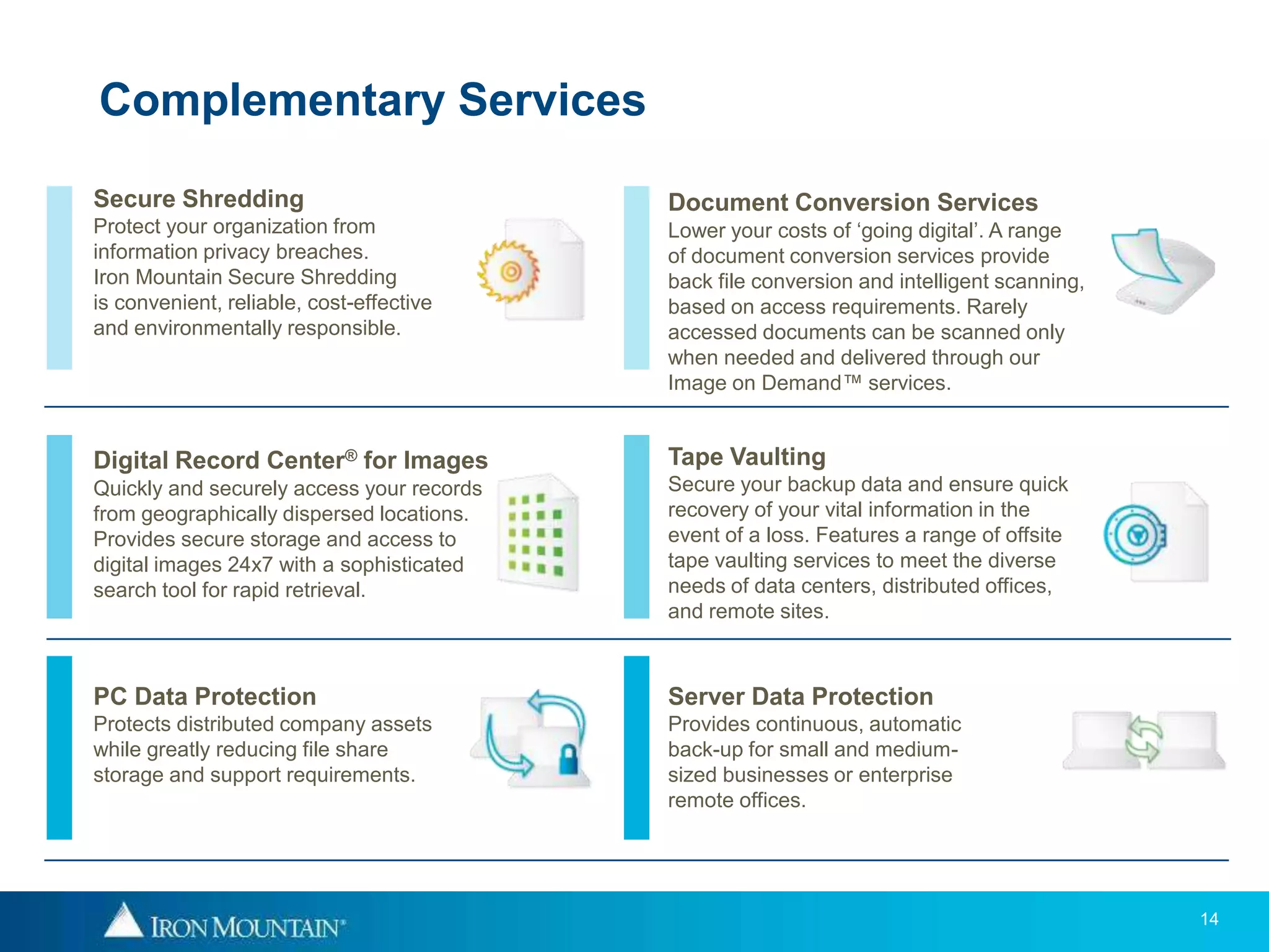 Complementary Services
Secure Shredding                           Document Conversion Services
Protect your organization from             Lower your costs of ‘going digital’. A range
information privacy breaches.              of document conversion services provide
Iron Mountain Secure Shredding             back file conversion and intelligent scanning,
is convenient, reliable, cost-effective    based on access requirements. Rarely
and environmentally responsible.           accessed documents can be scanned only
                                           when needed and delivered through our
                                           Image on Demand™ services.


Digital Record Center® for Images          Tape Vaulting
Quickly and securely access your records   Secure your backup data and ensure quick
from geographically dispersed locations.   recovery of your vital information in the
Provides secure storage and access to      event of a loss. Features a range of offsite
digital images 24x7 with a sophisticated   tape vaulting services to meet the diverse
search tool for rapid retrieval.           needs of data centers, distributed offices,
                                           and remote sites.



PC Data Protection                         Server Data Protection
Protects distributed company assets        Provides continuous, automatic
while greatly reducing file share          back-up for small and medium-
storage and support requirements.          sized businesses or enterprise
                                           remote offices.




                                                                                            14
 