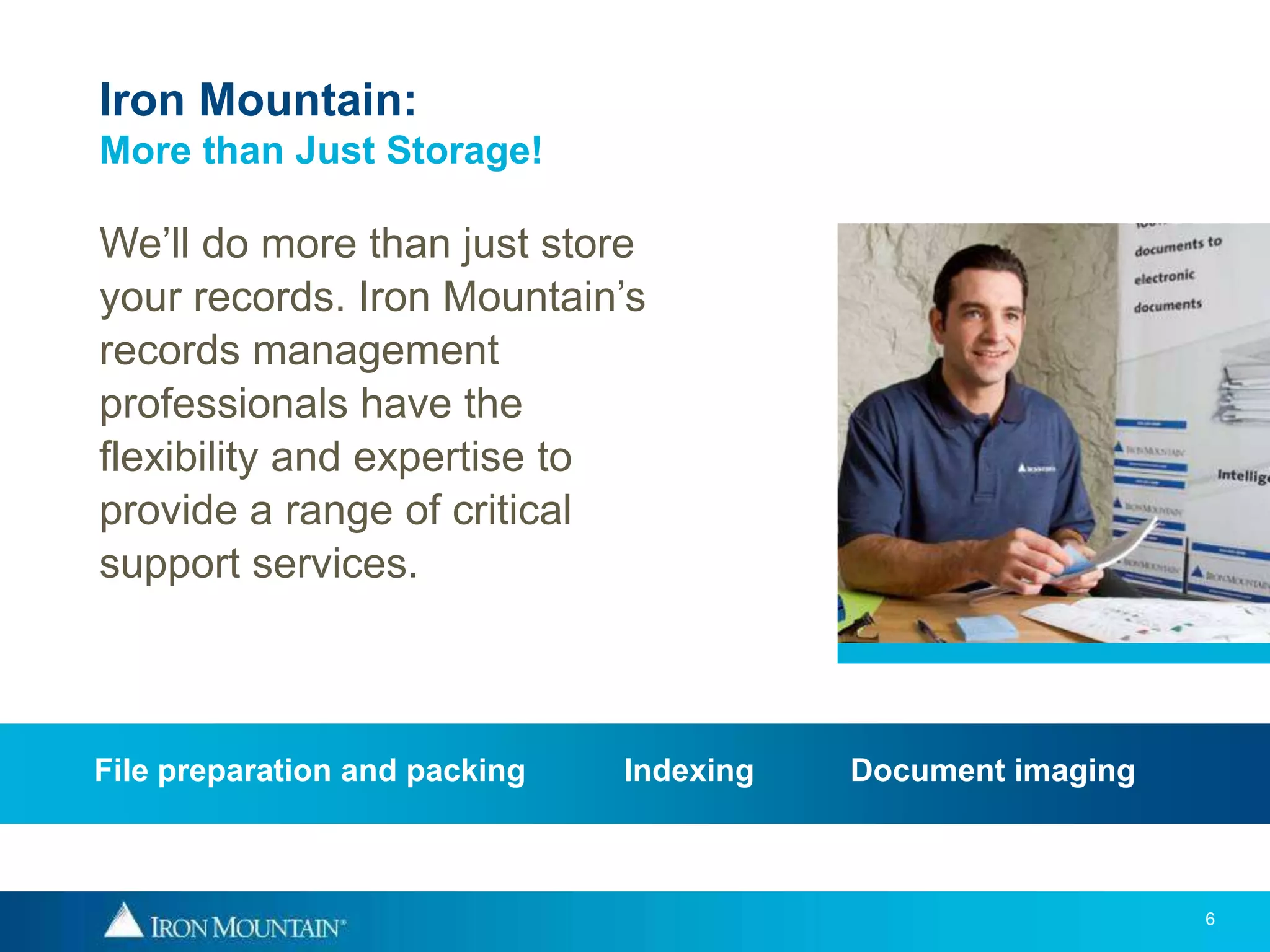 Iron Mountain:
More than Just Storage!

We’ll do more than just store
your records. Iron Mountain’s
records management
professionals have the
flexibility and expertise to
provide a range of critical
support services.



File preparation and packing   Indexing   Document imaging



                                                             6
 
