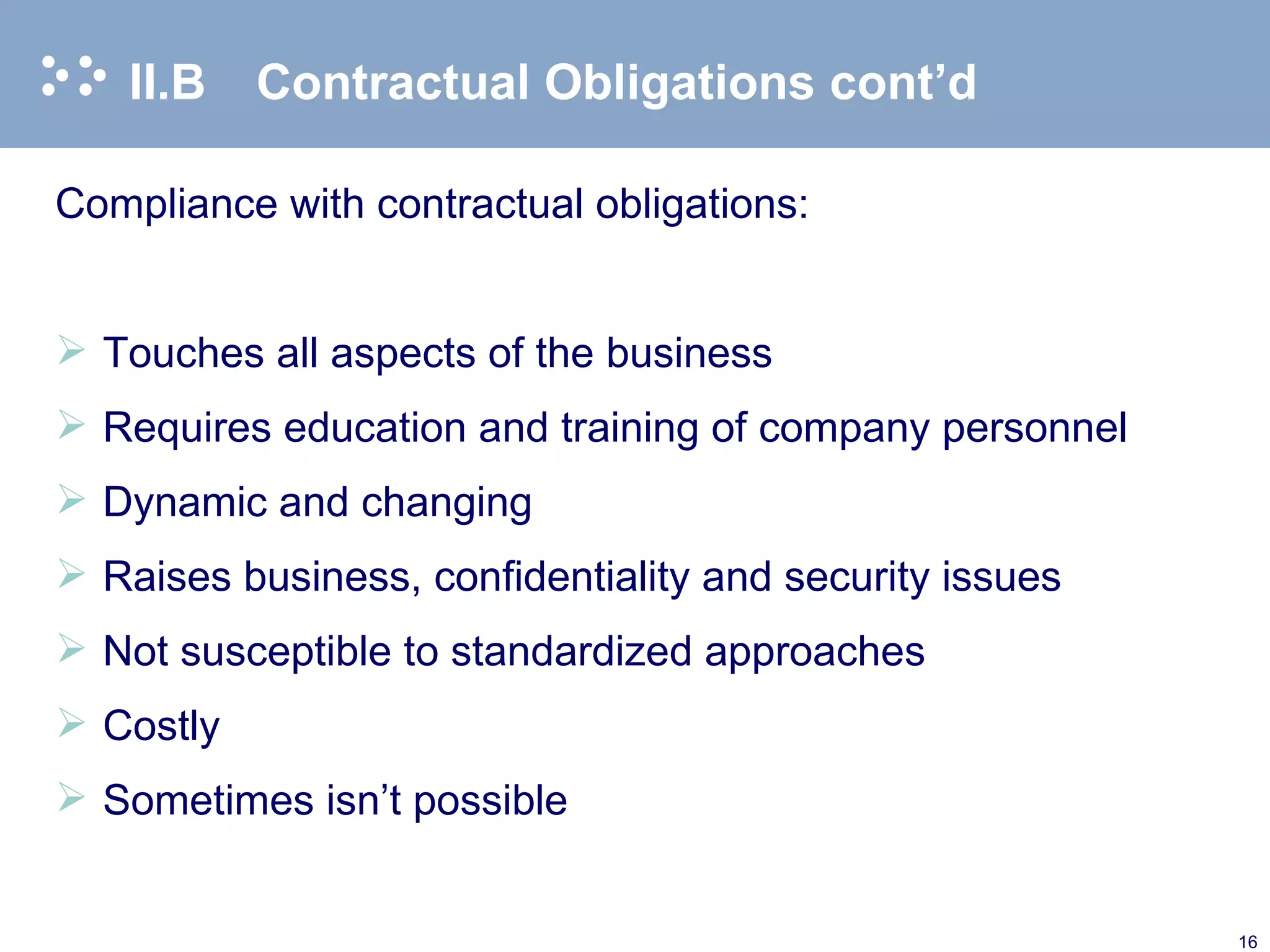 II.B Contractual Obligations cont’d Compliance with contractual obligations: Touches all aspects of the business Requires education and training of company personnel  Dynamic and changing Raises business, confidentiality and security issues Not susceptible to standardized approaches Costly Sometimes isn’t possible 
