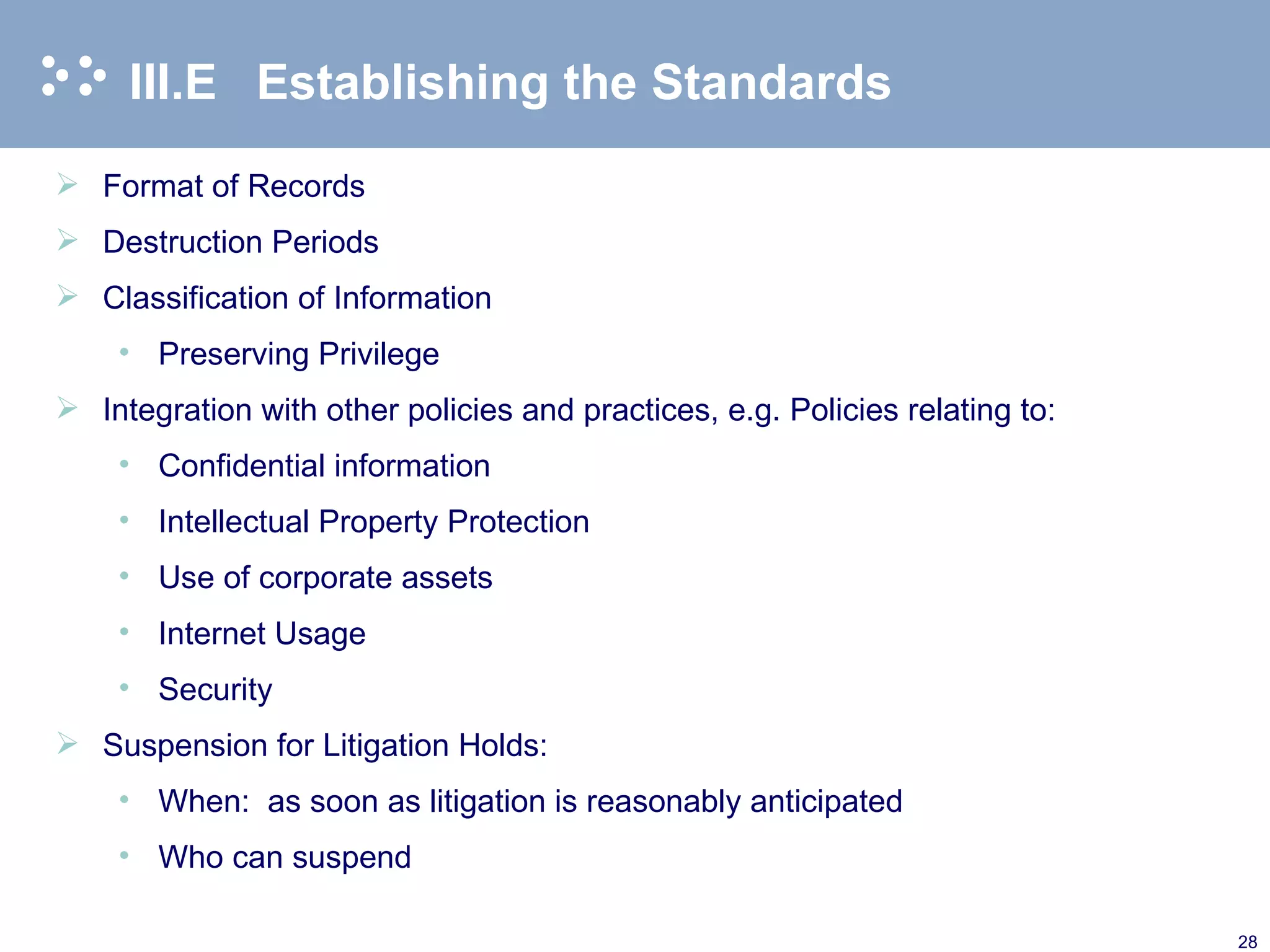 III.E Establishing the Standards Format of Records Destruction Periods Classification of Information Preserving Privilege Integration with other policies and practices, e.g. Policies relating to: Confidential information Intellectual Property Protection Use of corporate assets Internet Usage Security Suspension for Litigation Holds: When:  as soon as litigation is reasonably anticipated Who can suspend 