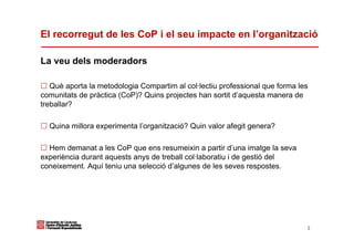 El recorregut de les CoP i el seu impacte en l’organització

La veu dels moderadors

   Què aporta la metodologia Compartim al col·lectiu professional que forma les
comunitats de pràctica (CoP)? Quins projectes han sortit d’aquesta manera de
treballar?

  Quina millora experimenta l’organització? Quin valor afegit genera?

  Hem demanat a les CoP que ens resumeixin a partir d’una imatge la seva
experiència durant aquests anys de treball col·laboratiu i de gestió del
coneixement. Aquí teniu una selecció d’algunes de les seves respostes.




                                                                              2
 