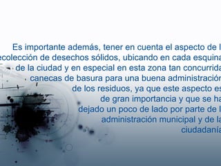Es importante además, tener en cuenta el aspecto de la recolección de desechos sólidos, ubicando en cada esquina  de la ciudad y en especial en esta zona tan concurrida, canecas de basura para una buena administración  de los residuos, ya que este aspecto es  de gran importancia y que se ha  dejado un poco de lado por parte de la administración municipal y de la  ciudadanía. 