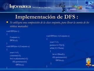 Implementación de DFS :  Se utilizara una composición de la class conjunto, para llevar la cuenta de los vértices marcados: void DFS(int v) { Conjunto v; DFS(v,c); } void DFS(int v1,Conjunto c) { cout<<v1; c.insertar(v1); for( w.adyancente(v1))   if(!c.pertenece(w)) DFS(w,c); }  void DFS(int v1,Conjunto c) { cout<<v1; puntero L=V[v1]; while( L!=Tierra) {   int w=Data(L);   if(!c.pertenece(w)) DFS(w,c);  } }  