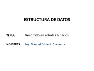 ESTRUCTURA DE DATOS


TEMA:      Recorrido en árboles binarios

NOMBRES:   Ing. Manuel Eduardo Sucunuta
 