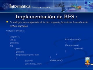Implementación de BFS :  Se utilizara una composición de la class conjunto, para llevar la cuenta de los vértices marcados: void grafo:: DFS(int v) { Conjunto v; Cola q; q.meter(v); do{ int w; q.sacar(w); if(!c.pertenece(w))//no marc { cout<<w; q.insertar(w);//marc  for(x.adyacente(w)) { if(!c.pertecene(x)) q.meter(x); } } } while(!q.vacia()) } 