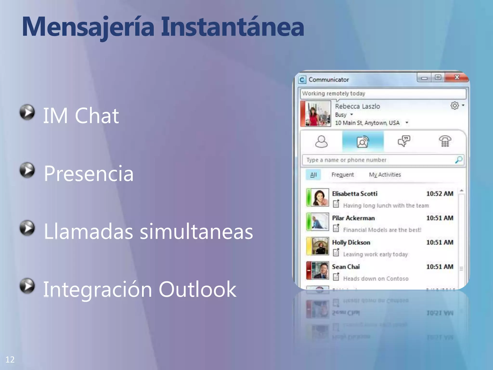 Mensajería InstantáneaIM ChatPresenciaLlamadas simultaneasIntegración Outlook