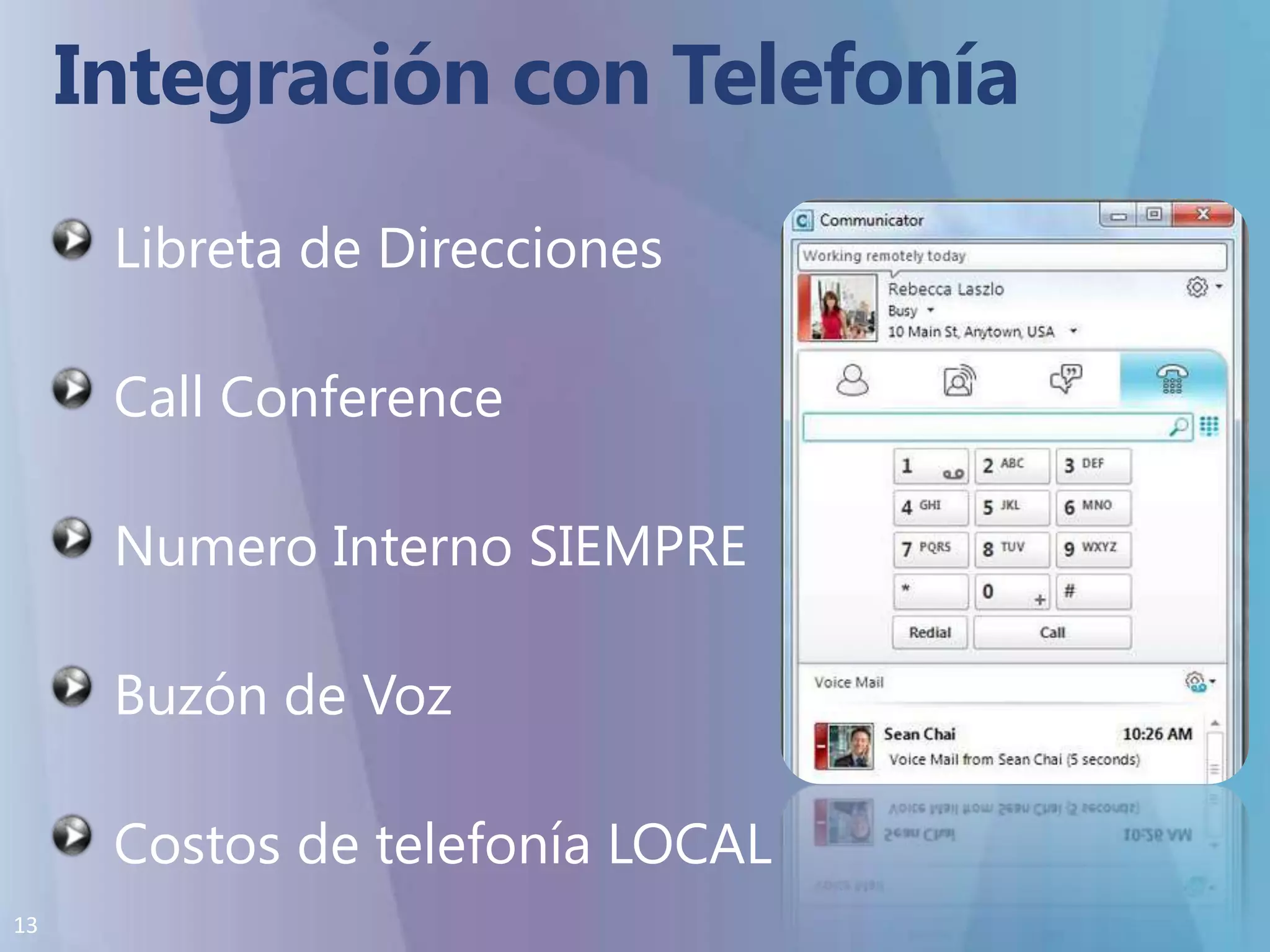 Integración con TelefoníaLibreta de DireccionesCall ConferenceNumero Interno SIEMPREBuzón de VozCostos de telefonía LOCAL