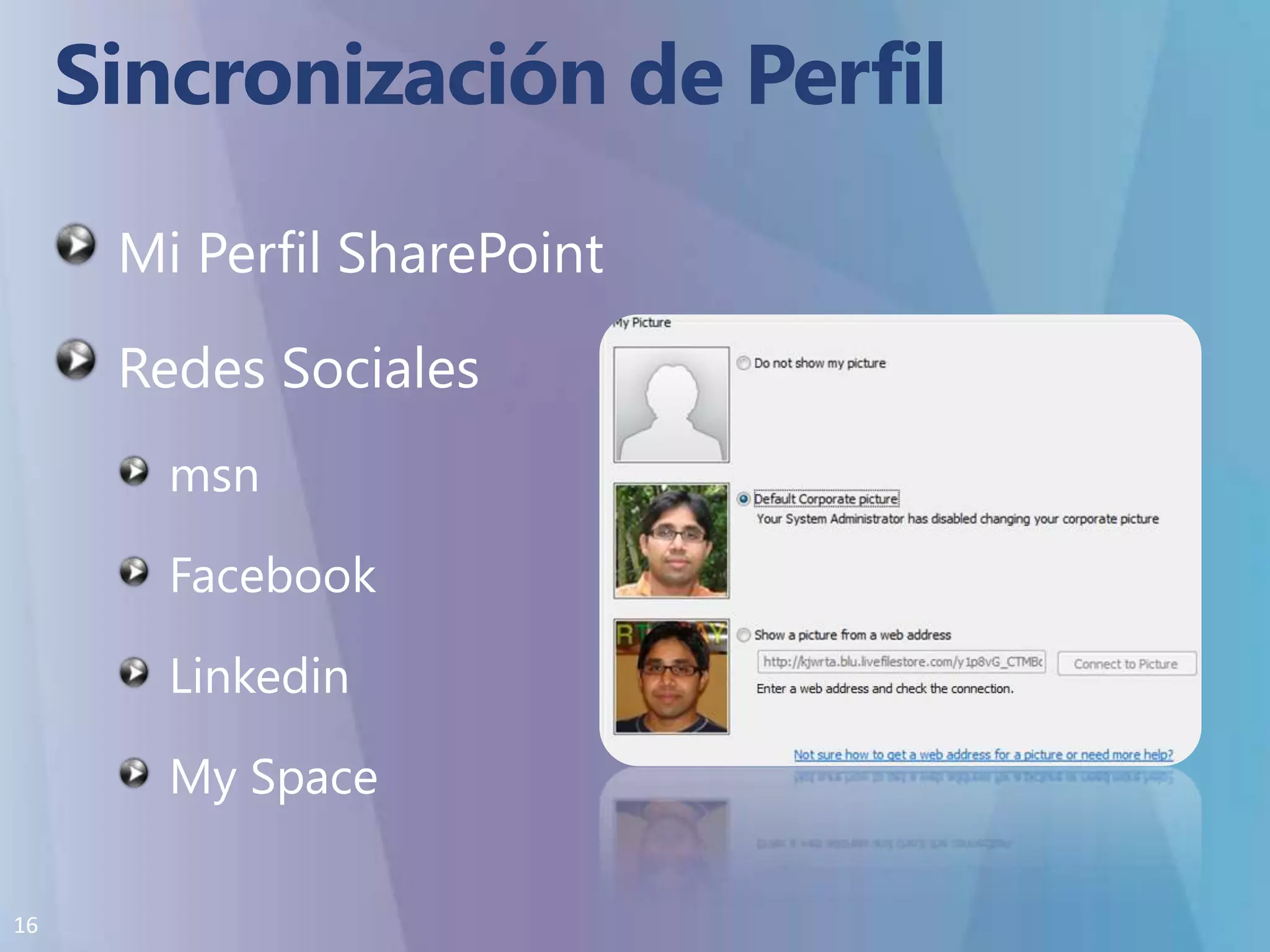 Sincronización de PerfilMi Perfil SharePointRedes SocialesmsnFacebookLinkedinMySpace
