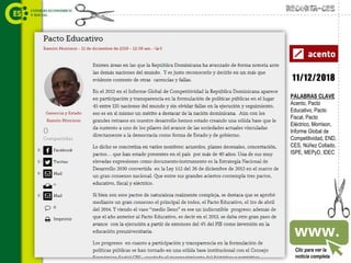 Recorta-CES
11/12/2018
Clic para ver la
noticia completa
PALABRAS CLAVE
Acento, Pacto
Educativo, Pacto
Fiscal, Pacto
Eléctrico, Morrison,
Informe Global de
Competitividad, END,
CES, Núñez Collado,
ISPE, MEPyD, IDEC
 