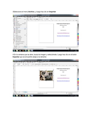 3Selecciona el menú Archivo, y luego haz clic en Importar
4 En la ventana que se abre, busca la imagen y selecciónala. Luego haz clic en el botón
Importar que se encuentre abajo a la derecha