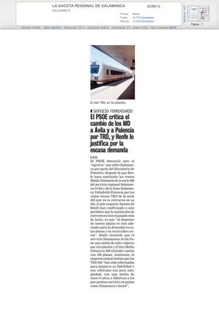 02/09/13LA GACETA REGIONAL DE SALAMANCA
SALAMANCA
Prensa: Diaria
Tirada: 15.732 Ejemplares
Difusión: 13.240 Ejemplares
Página: 7
Sección: LOCAL Valor: 239,00 € Área (cm2): 101,1 Ocupación: 9,82 % Documento: 1/1 Autor: C.A.S. Núm. Lectores: 83000
Cód:73790393
 