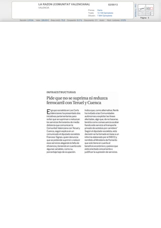 02/09/13LA RAZON (COMUNITAT VALENCIANA)
VALENCIA
Prensa: Diaria
Tirada: 12.106 Ejemplares
Difusión: 7.894 Ejemplares
Página: 5
Sección: LOCAL Valor: 328,00 € Área (cm2): 75,8 Ocupación: 9,3 % Documento: 1/1 Autor: Núm. Lectores: 31576
Cód:73785038
 