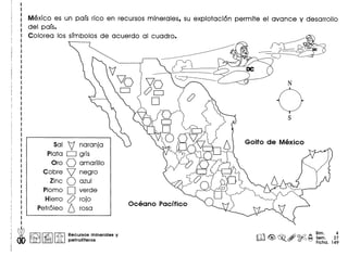 Mexico es un pais rico en recursos minerales, su explotaci6n permite el avance y desarrollo
del pais.
Colorea los simbolos de acuerdo al cuadro •
Sal V naranja
Plata 0 gris
Oro 0 amarillo
Cobre V negro
Zinc 0 azul
Plomo D verde
Hierro () rojo
Petr61eo 6 rosa
.........._-..'.".'." ...•........
'. ................... '
w.. ~ I~ II~ I Recursos minerales y
00 t:::iLJ ~ petrolfferos
Bim. 4
roG~,~~ Sam. 27
• 0 Ficha. 149
 