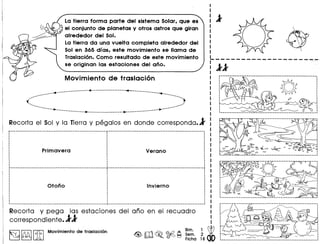 La tierra forma parte del sistema Solar, que es
el conjunto de planetas y otros astros que giran
alrededor del Sol.
La tierra da una vuelta completa alrededor del
Sol en 365 dras, este movimiento se llama de
Traslacion. Como resultado de este movimiento
se origin an las estaciones del ano.
.....~ ~ ~ _ - ~ .
.....--- --- ...
,. "').
t ..•.•... .-'...... ...-
Recorta el Sol y la Tierray pegalos en donde corresponda.1'
r------------------------------------------------------- -------------- ... ---------------------------------------~ ,,,,,,,,,,,
,,
···,,,
I ~--.--------------------------------------------.-.-----~--.-----------------------., •• --.----.------------- J
Recorta y peg a las estaciones del ana en el recuadro
correspondiente.1' l'
~ ~ IitI Movimiento de traslacion
,,
@,
,
·,,,,
·,,,
·
~~~
~)?:~ (J "") :• • __ ••• ••• I
 