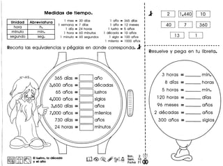 1 ana = 365 dfos
1 ana = 12 meses
1 lustro = 5 onos
1 decodo = 10 onos
1 siglo = 100 onos
1 milenio = 1000 onos
Recorta las equivalencias y pegalas en donde corresponda. l'
3 horas --365 dfas = -ana
8 dfas -3,600 anos = decadas -
5 horas - min.
65 anos = lustros -
4,000 anos = siglos '20 horas - dfas
3,650 dfas = - 96 meses - anosanos -
7,000 anos = milenios 2 decadas - anos
730 dfas = anos --
24 horas =
Medidas de tiempo.
Unidad Abreviatura
hero h.
minuto min.
segundb seg.
1 mes = 30 dfos
1 semono = 7 dfos
1 dfo = 24 horos
1 horo = 60 minutos
1 minuto = 60 segundos
i·~·440"~_ -_ ...•
~.-","-3"··""": ~"•• "",--" _.-:• • I I
• • I I~ ~ ~ J
t-------------------------------
Resuelve y pega en tu Iibreta.
l&§1 ~ I~ EIlustro. la decada
~ LA ~ yelano
r!iI1 Bim. 2 ~
~~~.'~ASam. 10• (§)0 ~ Fiche 71
 