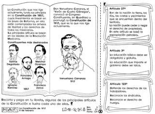 I ~oooooo.ooo ••• __ ._._ •• __ o._oo •••• - ••••••• ·"··"····.o •••
I . ..
· .I : Articulo 270 ~
I :,. ......:
I :": Son de 10 nacion 10 tierra, los :
· .I : rlos, las costas y yacimientos ~
I i que se encuentren dentro del 
: territorio. ~
· .f La nacion puede ceder 0 negar l
: el derecho de propiedad. :
· .: En este articulo se base 10 :
· .: expropiacion petrolera. :
· .· .· .· .'.... :
,.-.:::::::::..........•............. __ :::::::::'
······~...: Articulo 30 roo'
· .· .· .: La educacion basica debe ser ~
· .: obligatoria y gratuita. ~
· .· .: La educacion que imparte el :. .: gobierno debe ser laica. :· .· .· .· .· .· .· .· .· .· .. .
.: ~ :: ·._: ... "_-0-..:: .. .·_".-_.0-.-_".".·0..-_"... -_".-.-."------:: ..:::::::::: ••••••::
· ....,
· .· .· .· .:,... Articulo 1230 ".:
· . .. .i Defiende los derechos de los 
i trabajadores. ~
· .· .: Reconoce los sindicatos. :
Recorta y pega en tu libreta, algunos de los principales artrculos ! Reconoce el derecho de ~
de la Constituci6n e i1ustracada uno de ellos. ~ f huelga. i
IffEoll~1~ ~adc;,°f'::~:~~6nde 1917 ro~ ~ ~ ~i~;,1~!dbt ,. ---------------- ------------_.__...!
La Constitucion que nos rige
actualmente, funda susprincipios
en 10 Constitucion de 1857,
cuyos Iineamientos se boson en
las Leyes de Reforma, en ella
estan contemplados los anhelos
de Iibertad y los derechos de
todos los mexicanos.
Susprincipales artlculos se boson
en los ideales de 10 Revolucion
Mexicana.
Constituyentes mas destacados
':[
Melchor
Ocampo
Francisco
Zarco
Don Venustiano Carranza, el
"Varon de Cuatro Ci€megas",
convoco 01 Congreso
Constituyente, en Queretaro y
promulgo 10 Constitucion de
1917, que es 10 que nos rige
actual mente.
Venustiano Carranza
1917
 