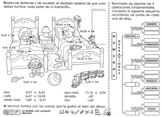 Realiza las divisiones y de acuerdo al resultado observa de que color
debes iluminar cada parte de la ilustraci6n.
azul
cafe
verde claro
8.57 Y 4.24
8.47 Y 10.94
1.89 Y 2.37
azul claro
amarillo
rojo
17.16 y 2.94
.49
1.40
AI terminar ilumina con los colores que te gusten el resto del dibujo.
~ rJ');l ~ La ~ivisi6n con cociente m~ ~ ~A)l @.{2 A ~~~. 31 W~LRJ~ decimal ~.~ ~ ~~ Ficha 17500
Terminaste de ejercitar las 4
operaciones fundamentales;
completa el siguiente esquema
recordando las partes de cada
una de ellas.
tiene
propiedades
( ASOCIATIVA )
tiene
propiedades
 