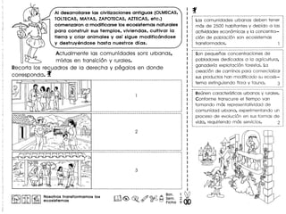 AI desarrollarse las civilizaciones antiguas (OLMECAS,
TOLTECAS,MAVAS, ZAPOTECAS, AZTECAS, etc.)
comenzaron a modificarse los ecosistemas naturales
para construir sus templos, viviendas, cultivar la
tierra y criar animales y asr sigue modificandose
y destruy€mdose hasta nuestros dras.
Actualmente las comunidades son: urbanas,
mixtas en transici6n y rurales.
Recorta los recuadros de la derecha y pegalos en donde
corresponda. f
-----------------------~---------------------------------wi
······················
I0J Ic{.b II~ I Noso~rostransformamos los
lm JA ecosistemas
Las comunidades urbanas deben tener
mas de 2500 habitantes y debido alas
actividades econ6micas y la concentra-
ci6n de poblaci6n son ecosistemas
transform ados.
r----------------------------------------------------------
~ Son pequenas concentraciones de
. pobladores dedicados a la agricultura,
ganaderia explotaci6n forestal. La
creaci6n de caminos para comercializar
sus productos han modificado su ecosis-
tema extinguiendo flora y fauna. 3
Reunen caracteristicas urbanas y rurales.
Conforme transcurre el tiempo van
tomando mas representatividad de
comunidad urbana, experimentando un
proceso de evoluci6n en sus formas de
vida, requiriendo mas servicios. 2
 