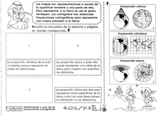 ~ .
Proyecci6n c6nica
Losmapas son representaciones a escala de
la superficie terrestre 0 una parte de ella.
Para representar a la Tierra se usa el globo
terraqueo. Loscart6grafos han elaborado
Proyecciones cartograficas para representar
con mayor precisi6n a la Tierra.
Recorto los recuodros de 10 derecho y pegolos
en donde correspondo. ~
La proyeccion cilfndrica. Es la mas
completa, porque representa los
pafses sin distorciones.
La proyeccion plana 0 polar solo
puede representor a la mitad de la
tierra, pero muestra con exactitud
las distancias.
La proyeccion conica solo sirvepora
representar zonas especfficas de la
tierra, como las rutas areas porque
la orientacion no se distorciona.
~ I~ I~ Identificacion y usos de las
~ LHJ proyecciones cartogr6ficas
.
1 :
._~--~~~.-_._--..._ .._._--------------------------------
2
_ .._._ :.: ~._--:~_ _ __ .
• ."*-
+ - D •
"*-
 