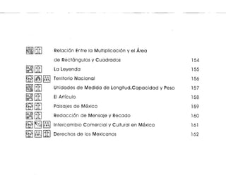 ~][ffi Relacion Entre la Multiplicacion y el Area
de Rect6ngulos y Cuadrados 154
~[iJ La Leyenda 155
ffi81~1~ Territorio Nacional 156
~[iJ Unidades de Medida de Longitud,Capacidad y Peso 157
~[iJ EIArticulo 158
ffi8fff] Paisajes de Mexico 159
~[UJ Redaccion de Mensaje y Recado 160
~ ~ ~ Intercambio Comercial y Cultural en Mexico 161
~ ~ [iJDerechos de los Mexicanos 162
 