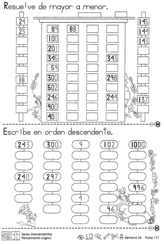 ResueIve de mayor a menor.
m[][]DD
[QQ]DDD
[ZillJDDD
rrnDDllliJ
mDDD
[3OODD~
~DDD
~,,~D D ~
~DDD
BIDJDDD
--------------------------------------------~-~
Escri6e en orden descendente.
95'
,
----------~-----------------------------~:~---~f.4§§1rJ);l Series Descendentes rliI"-'v ~ /f) @.Q A
~ ~ Pensamiento L6gico & lW ~o (f/ ~ ~ Semana 26 Ficha 117
 