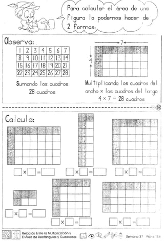 Observa: .
I 2 3 ~ 5 6 7
8 9 10
" 12 13 I~
15 16 17 18 19 20 21
22 23 2~25 26 27 28
Sunnando 105 cuadros
28 cuadros
MuItip Iicando Ios cuadr'osde i
ancho x Ios cuadros de I Ior"go
~ x 7 = 28 cuodros
! Co Icu Ia:
I~II,{If' IRe!aci6n Entre la Multiplicaci6n y riT'1 ~
J, d0o, E! Area de Rectangulos y Cuadrados lJkJ-s:d,~;?
 