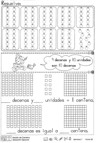 Resue I ve:
o 0
o 0
o 0
o 0
o
o 0
o 0
o 0
o 0
00
00 00 00
00 00 00
00 00 00
00 00 00
o 0 0 0 O~0
00 00 uO
00 00 00
o -0 0 0 0 0
o 0 00 ./
f'~'~'~-~'~'~'~'~'~'~-~-~'~'~'~'~'~-~'~'~-~'~-~-~-~-~'~-~-~.~-~-~.~.~.~.~.~-~-~-~.~.~-~-~-~.~
! ~ . 9 decenas y 10 unidades i
~ son 10 decenas !
, l)Y '---' :
~---------------------------------------------~o 0 I-+-+-+-+-+-+-+--+-+---J i
I-+-+-+-+-+-+-+--+-+---J
o 0 I-+-I-+--+-+---I--+-t--+-i!
I-+-+-+-+-+-+-+--+-+---J
o 0 f-t-+-+--+-+--+-+--+-+---J:
I-+-+-+--+-+--+-+--+-+---J
D D I-+-+-+--+-+--++-+--t--i!
I-+-I-+-+-+-+-I--t--+-i
o 0 I-+-+-+--+-+--+-+-+-+---J!
L...-.J...-I--~..I..-.I.--J----L..-J
___ decenas y__ un idades == I cent ena.j
, , , i i i i i
o 0
o 0
o 0
o 0
o 0
o 0
o 0
o 0
~~~~------
_________________?~_?~~_?_= ~_= i_8~_?__I ?_____. ?~_~_T.~~?_~_
I~II~ INoci6n de Centena
~ Ubicaci6n Espacial ro& ~Q , ~ ~ Semana 7 Ficha 30
 