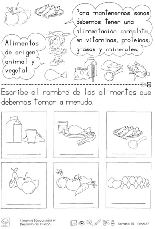 AI imentos
de orisen
an i ma I y
vegeta I.
Para nnantenernos sanos
debennos tener una
al innentaci6n connpleta
en v i tam inasl pro te inasl
grasas y nn inera 1es.
C>J :s::xC
----------------------------------------------~
Escri6e el nonn6re de 105 01 innentos 9ue
debemos tomor a menudo.
t~imentos Basicos para el
Desarrollo del Cuerpo m&, ~ ~) ~ Semano 15 Ficho 67
 