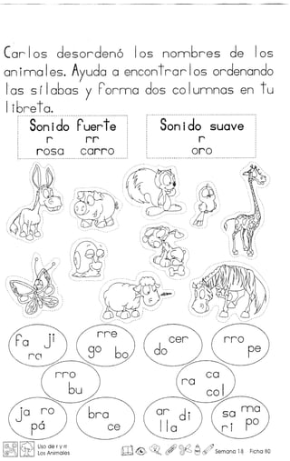 Carlos desorden6 los nonnbres de los
aninnales. Ayuda a encontrarlos ordenando
los sri abas y rornna dos co Iunnnas en tu
Ii6re to ..... -.-.---------------------.-.----------------- .. -----.-------------------_._---------_.-.---.-._._ ...
Sonido ruerte i Sonido suave
r rr i r
rosa carro ! oro.----------_ _--.---------_._---------_ .. _------_ --- '- - ..- ..- .._-_ .
• •
JI
~
bra
ce
•
Ja
po
@, @ ~ Uso de r y rr
@®~ [jfJ Los Animales m~ ~o (, ~ ~ ~ Semana 18 Ficha 80
 
