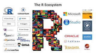 The R Ecosystem
R Foundation
R Core Group
CRAN
#rstats
Rdocumentation.org
R-bloggers
R User Groups
 