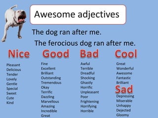 The dog ran after me. The ferocious dog ran after me. Pleasant Delicious Tender Lovely Gentle  Special  Sweet Cute Kind Fine Excellent Brilliant Outstanding Tremendous Okay Terrific Dazzling Marvellous  Amazing Incredible Great Awful Terrible Dreadful Shocking Ghastly Horrific Unpleasant Poor  Frightening Horrifying Horrible  Great Wonderful Awesome Fantastic Brilliant  Depressing Miserable Unhappy Dejected Gloomy  